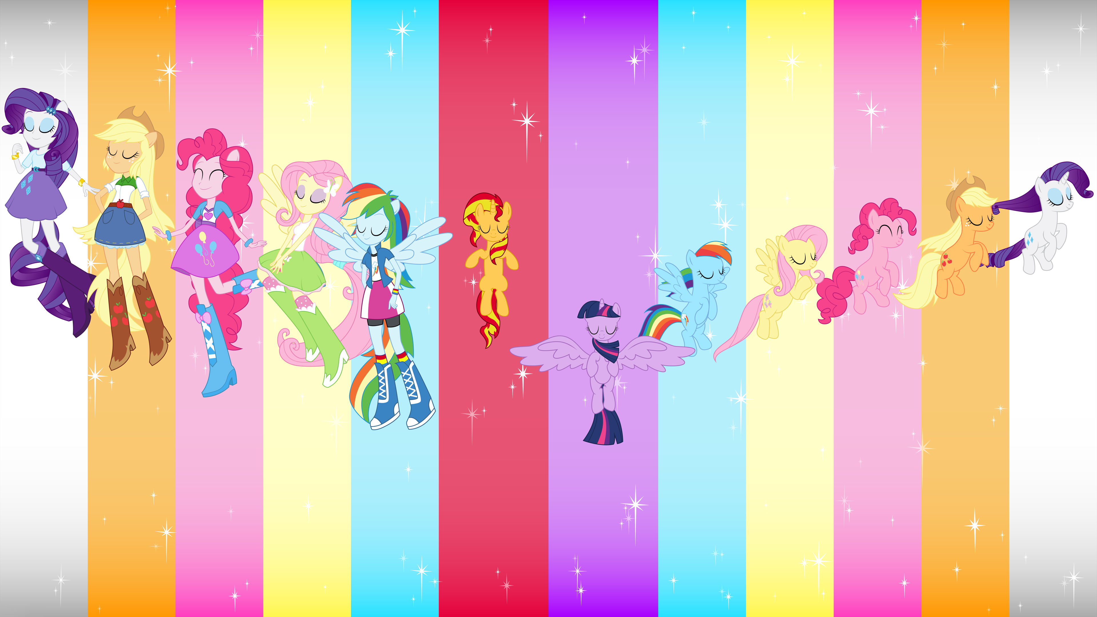 Colorful illustration of the Mane Six characters including Twilight Sparkle, Rainbow Dash, Pinkie Pie, Applejack, Rarity, and Fluttershy from My Little Pony.