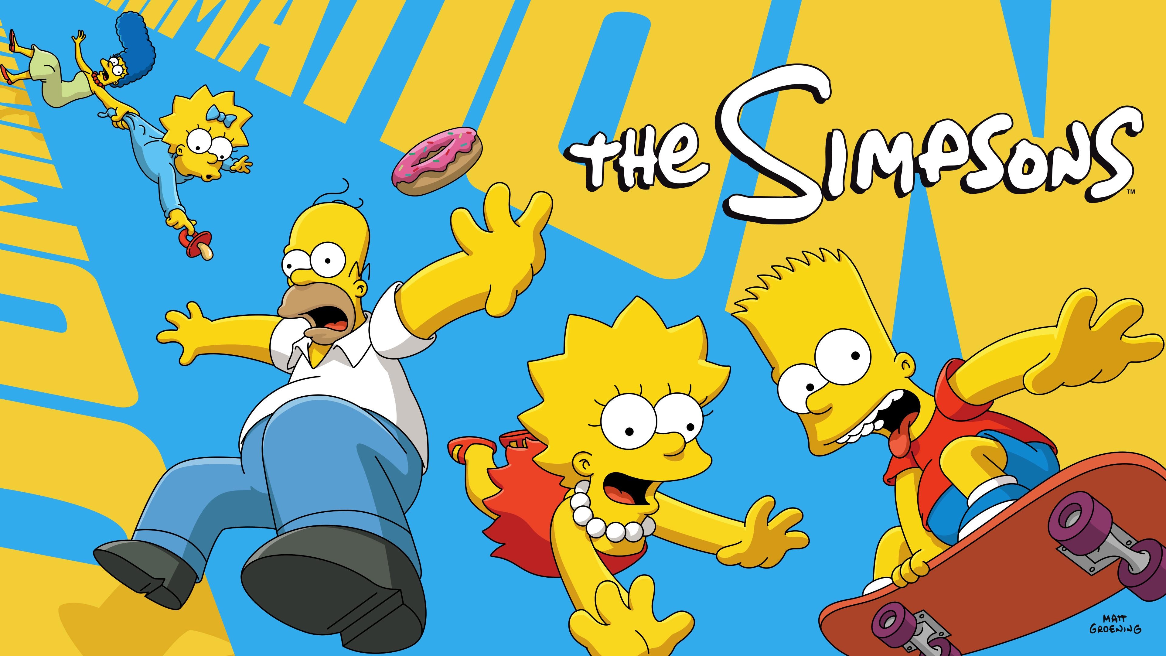 Homer, Marge, Bart, and Lisa Simpson from The Simpsons standing together in a classic cartoon style.