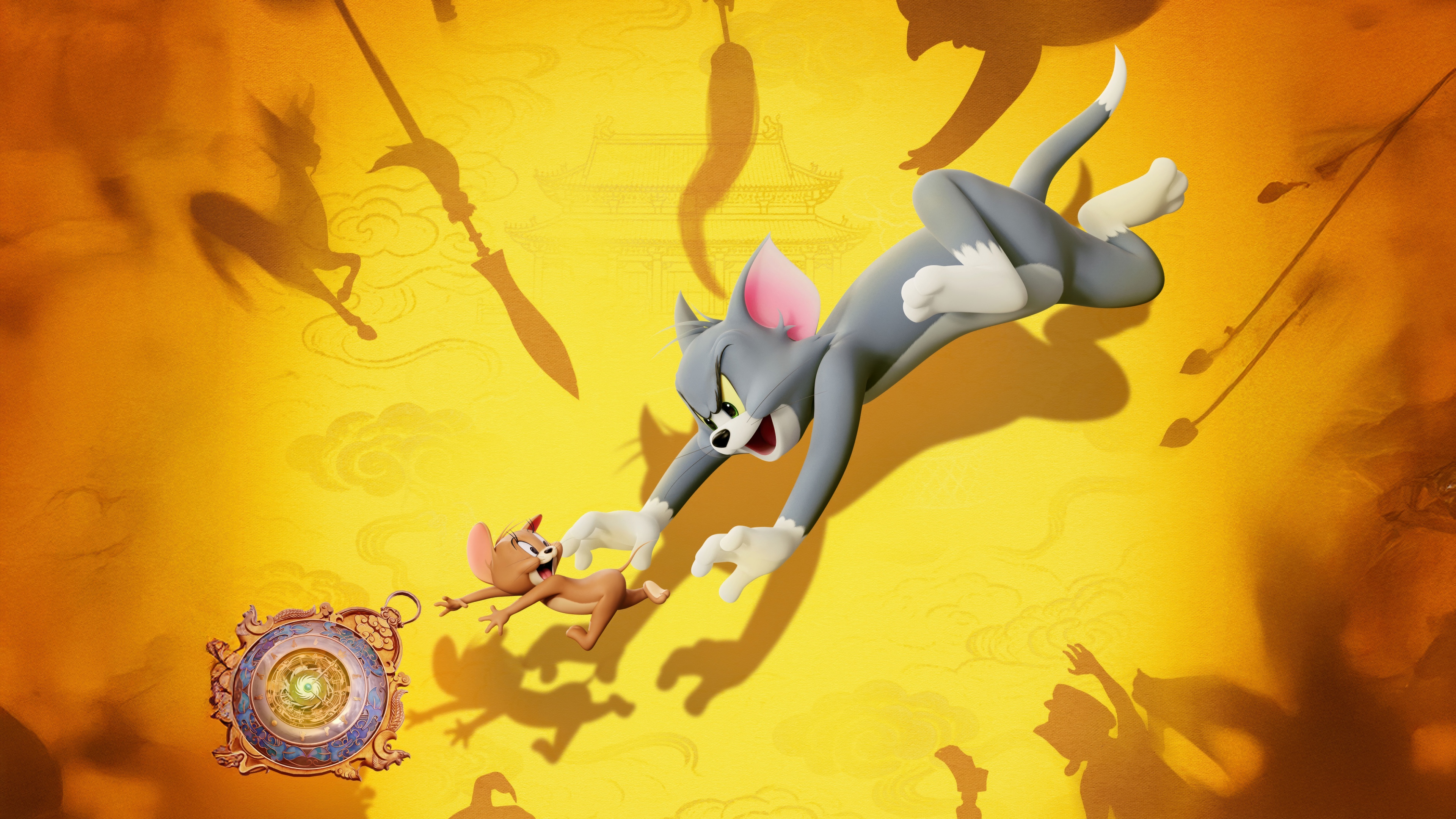 Tom the cat and Jerry the mouse from the Tom & Jerry animation series set against a bright yellow background.