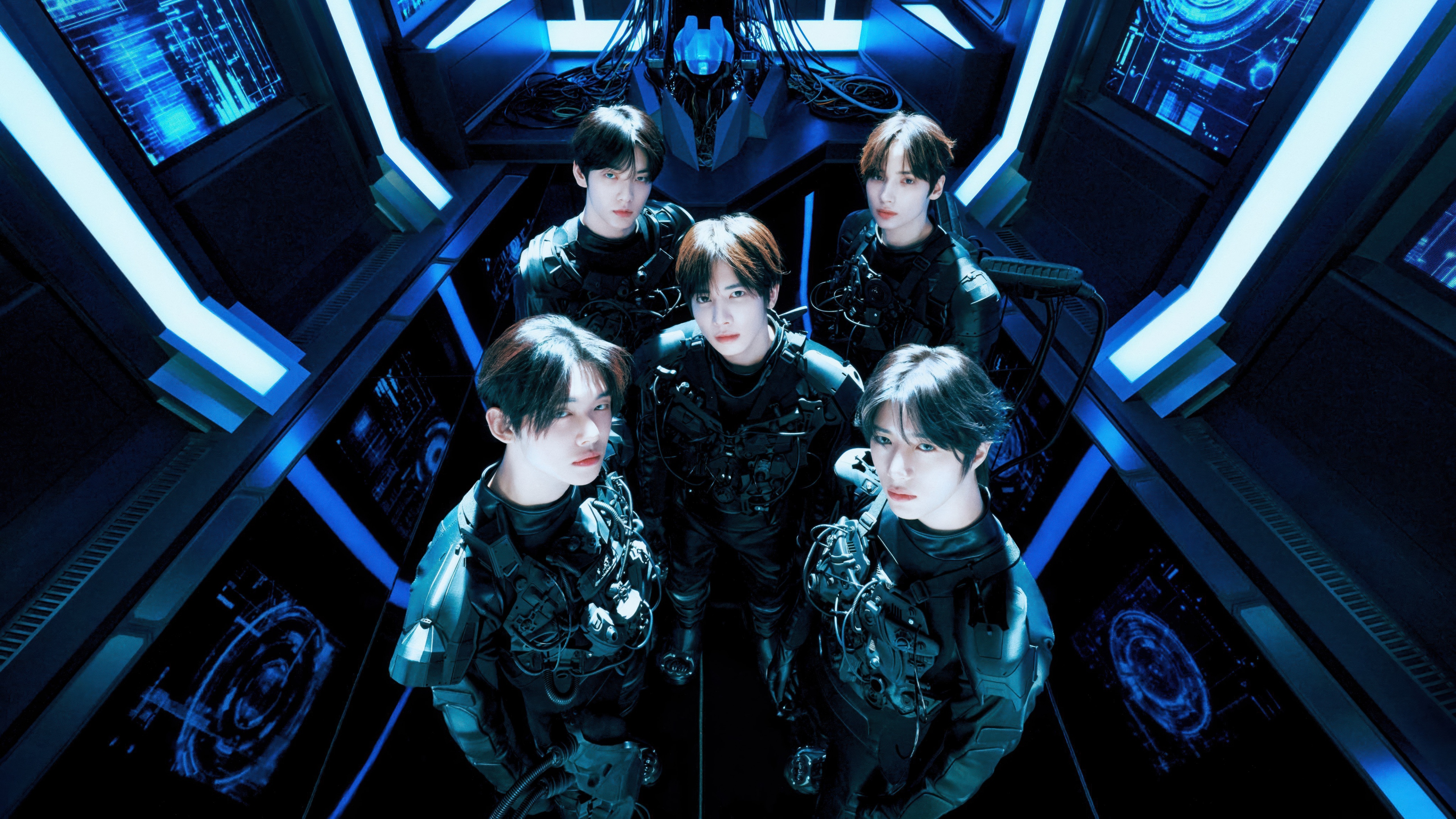 A high-resolution 5K cinematic portrait of the K-pop group Tomorrow X Together (TXT).