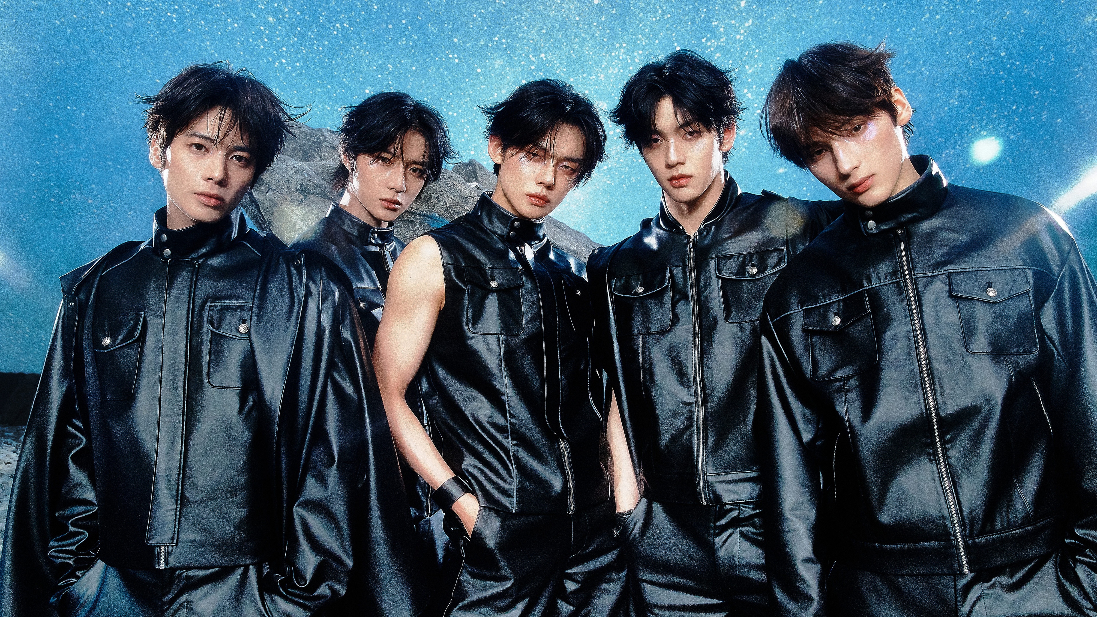 A high-definition 5K cinematic portrait of the South Korean boy band Tomorrow X Together (TXT).