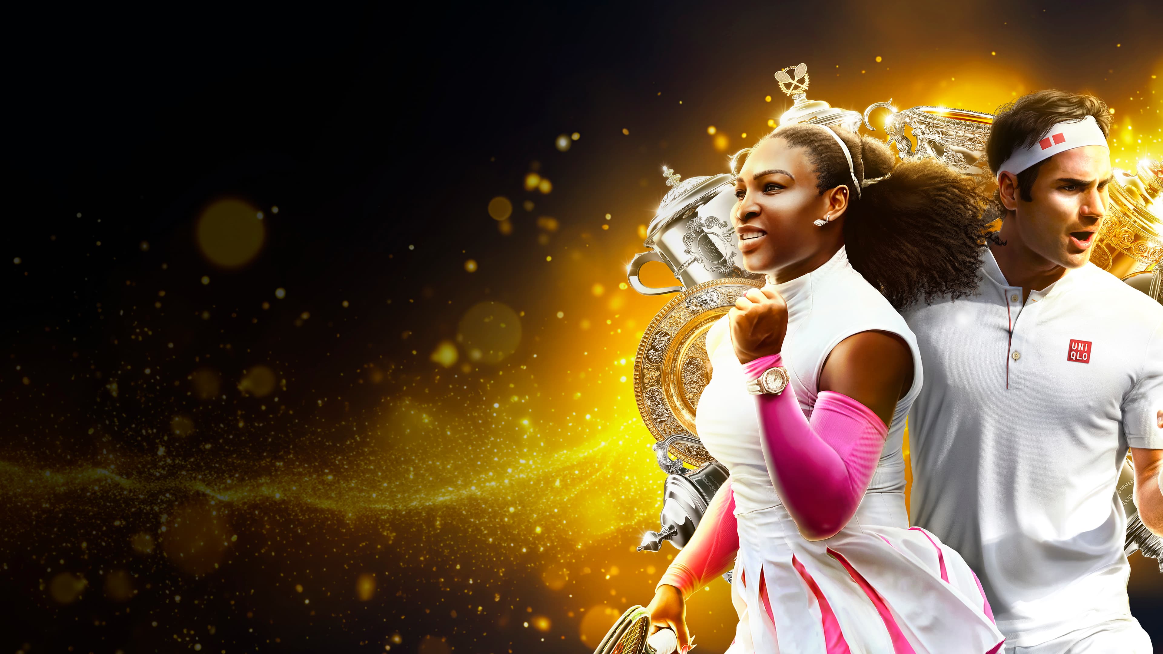 Tennis superstars Serena Williams and Rafael Nadal in a dynamic action shot from the TopSpin 2K25 video game.
