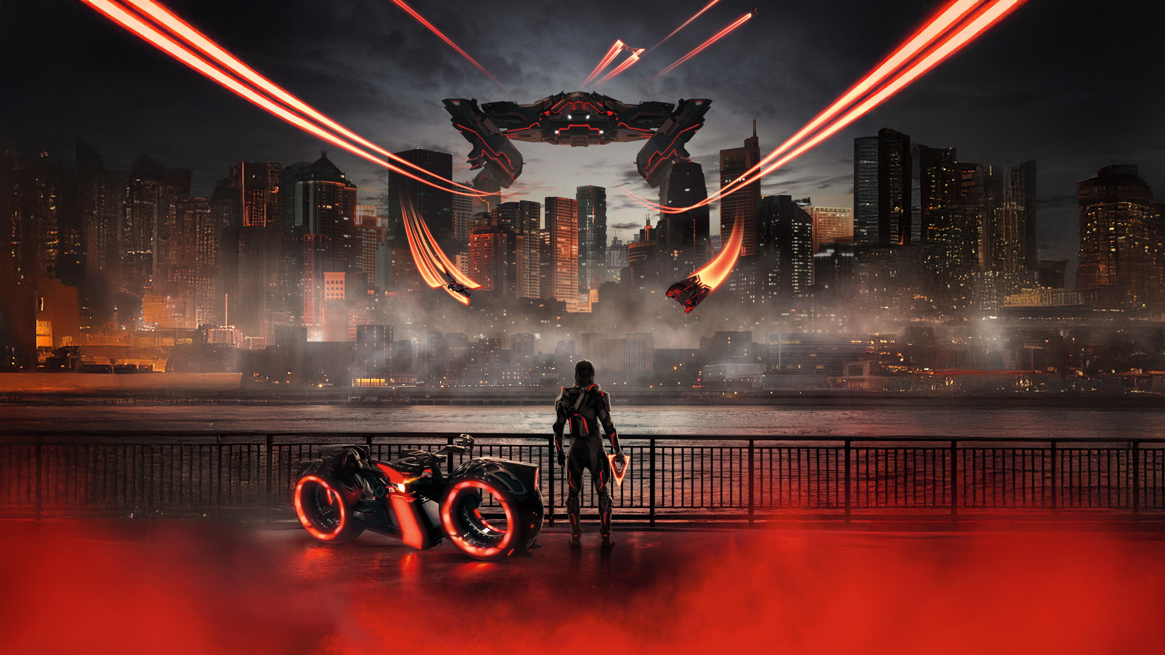 A high-detail movie poster for Tron: Ares featuring the character Ares in a neon-lit, futuristic sci-fi environment.