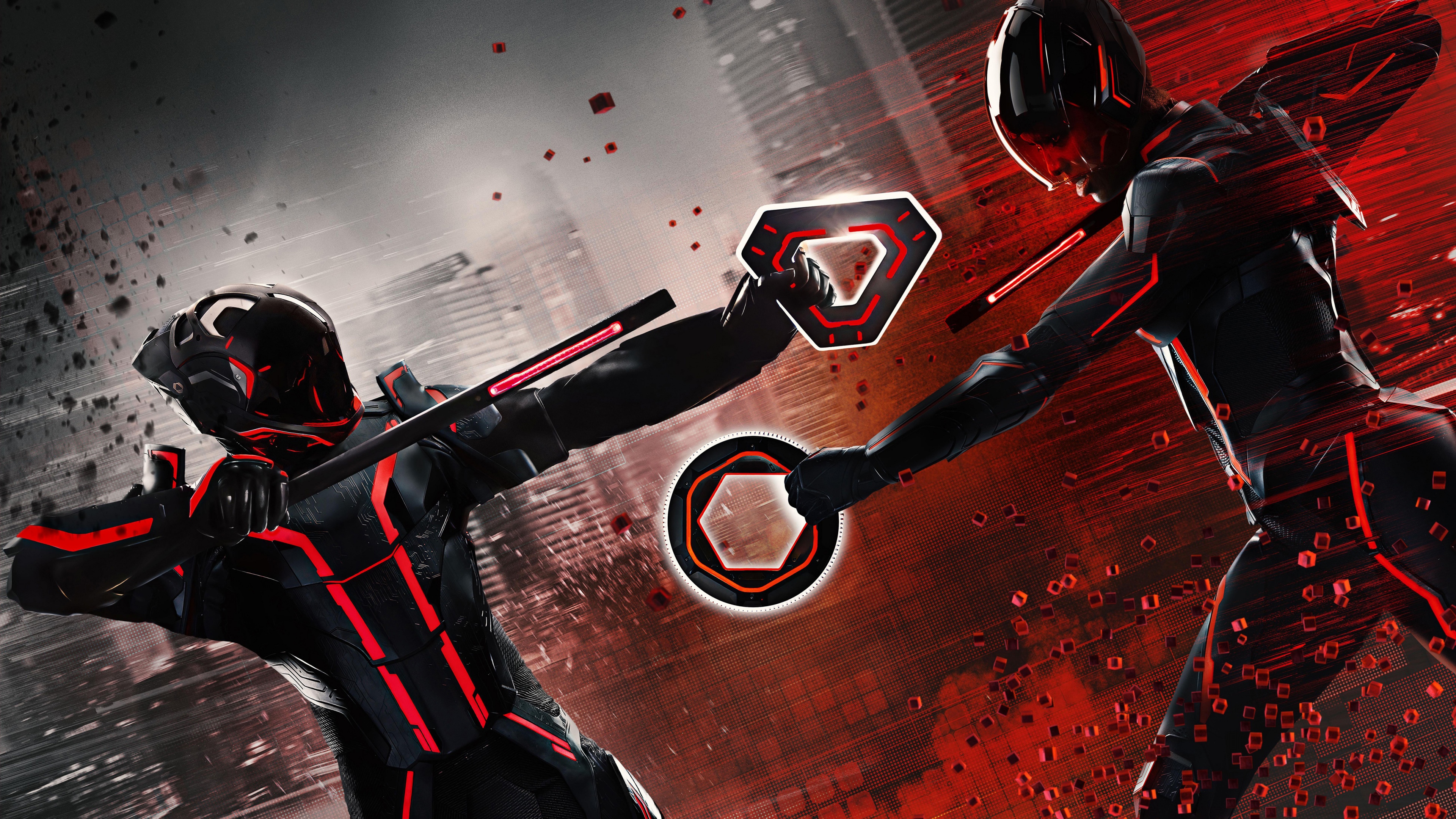 A neon-lit combat scene featuring a character from the movie Tron: Ares.