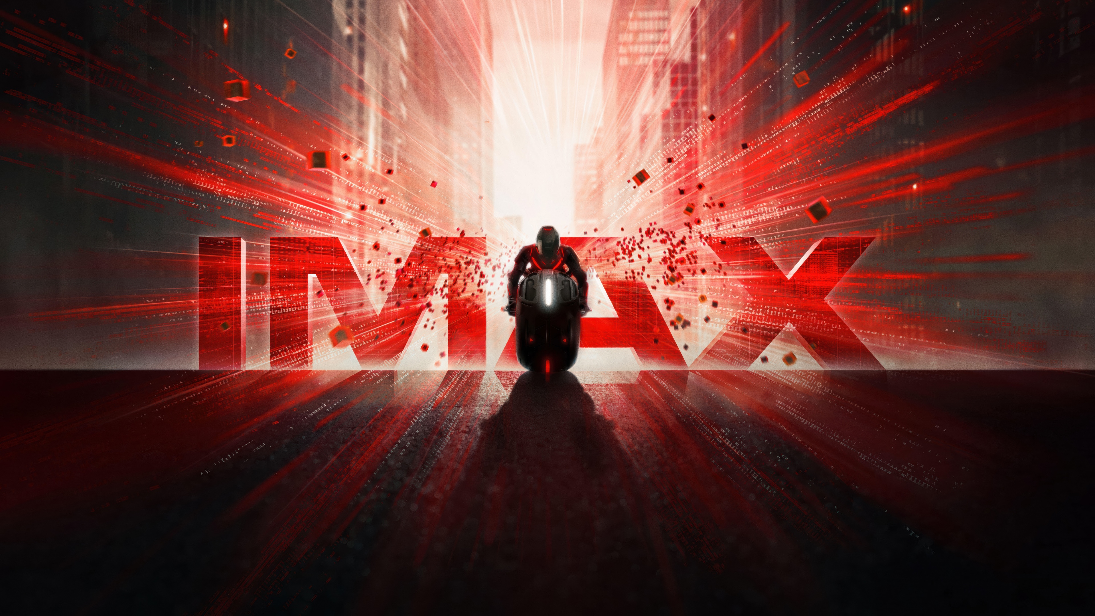 Cinematic IMAX poster for Tron: Ares featuring a character in glowing neon-lit armor against a dark digital background.