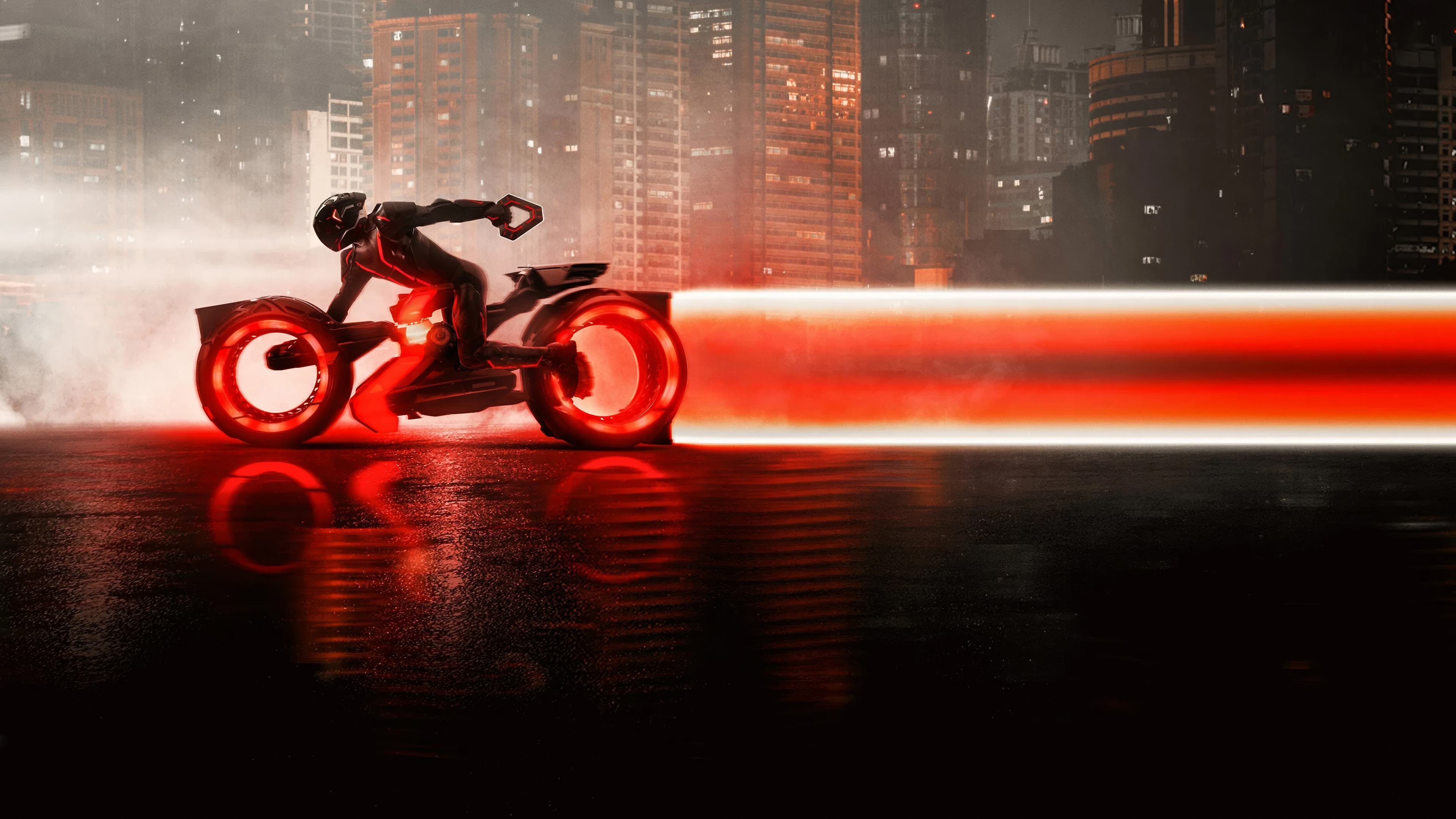 Cinematic movie poster for Tron: Ares featuring a character in glowing red futuristic armor.