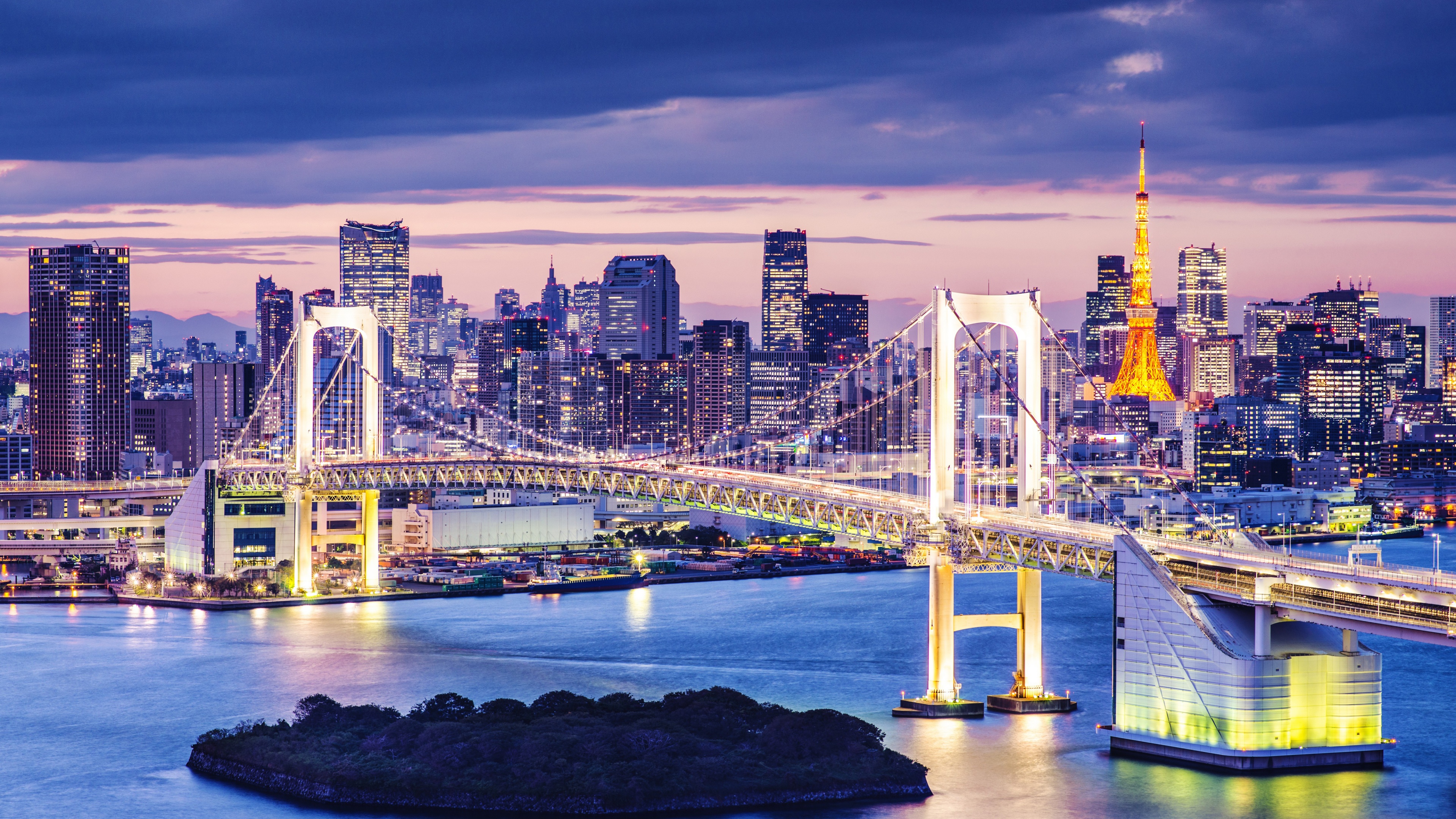 Illuminated Rainbow Bridge in Tokyo, Japan, at twilight with city lights in the background.