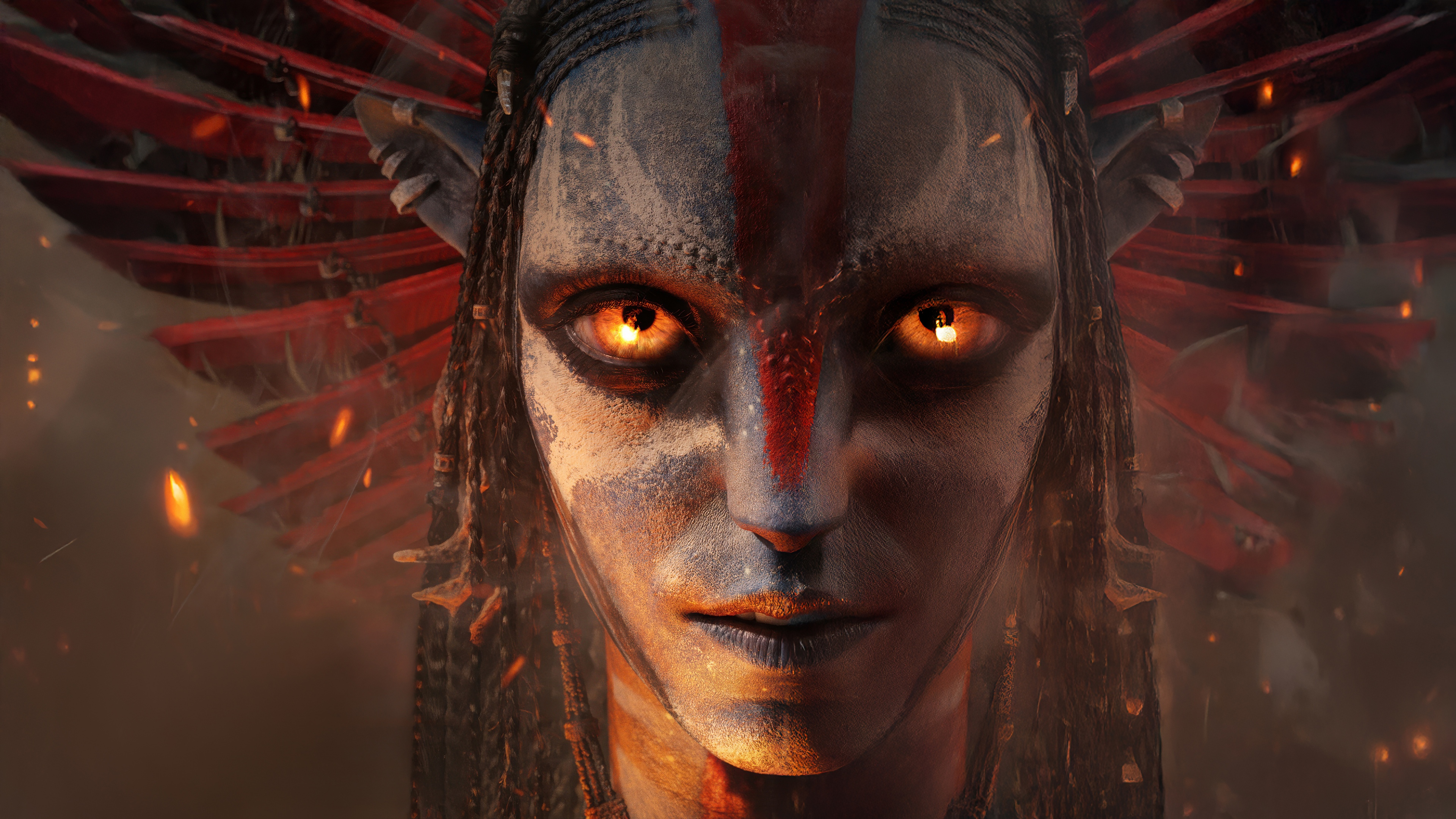 A high-resolution, cinematic portrait of Varang from the movie Avatar: Fire and Ash.