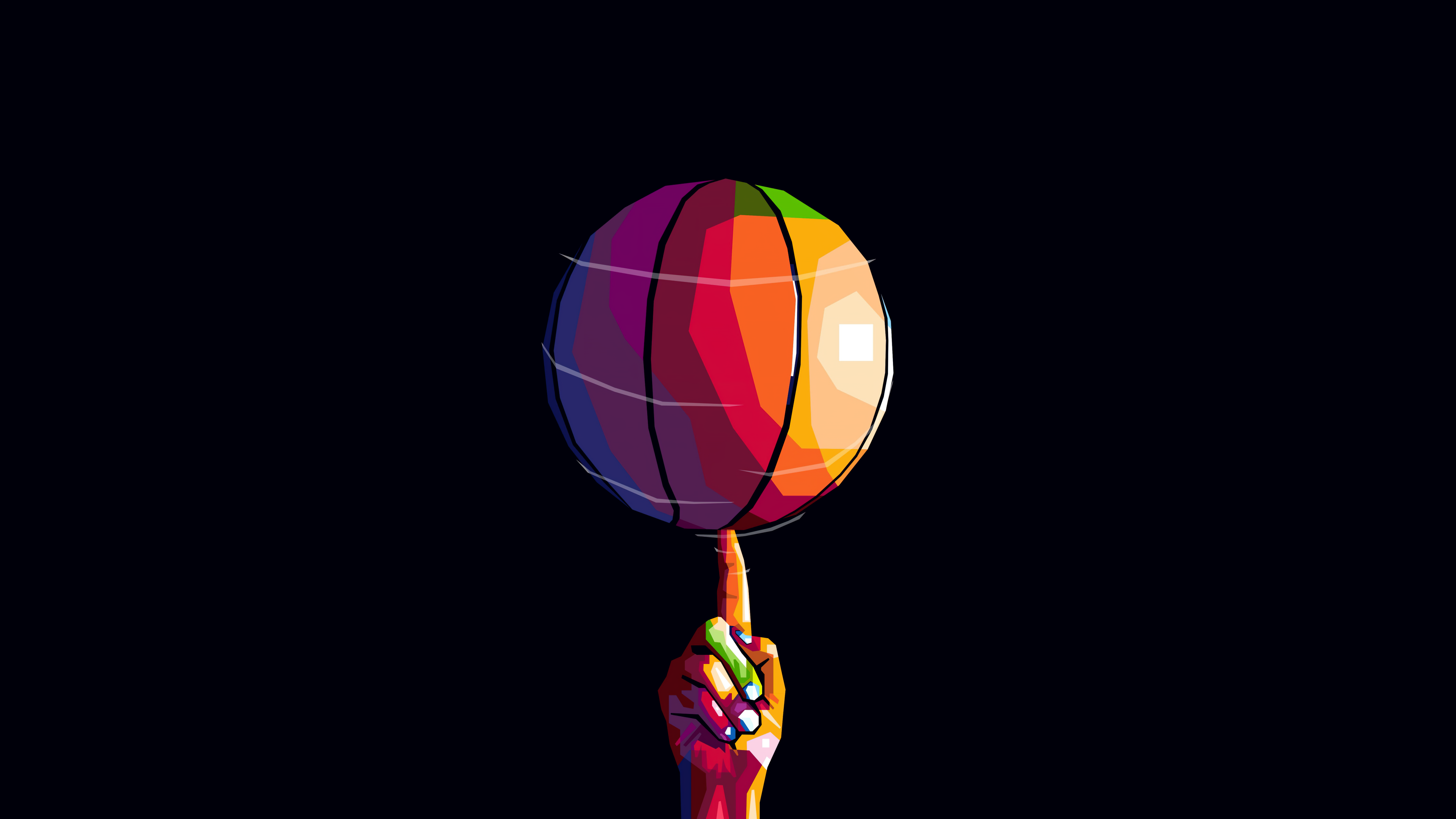 A high-contrast pop art style basketball with vibrant colors set against a pitch-black background.
