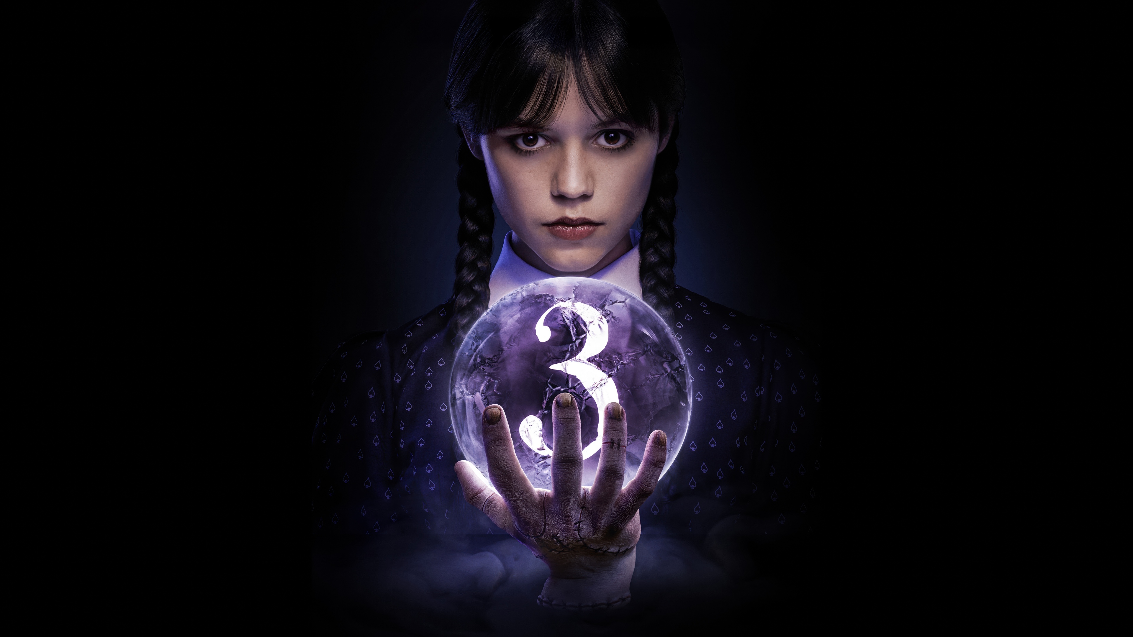 Jenna Ortega as Wednesday Addams in a dark, moody setting