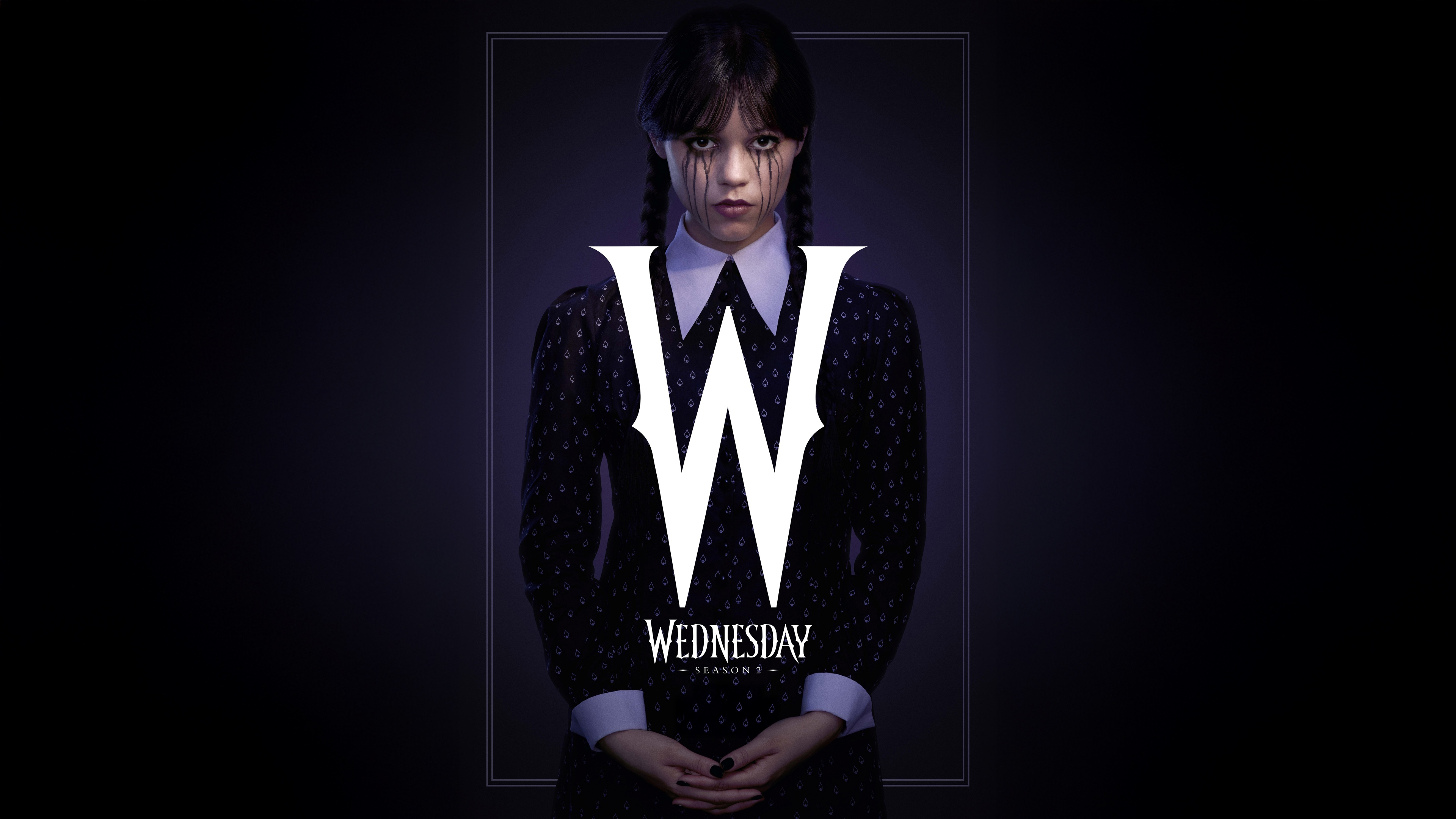 A dark and atmospheric portrait of Wednesday Addams, played by Jenna Ortega, from the Netflix series Wednesday.
