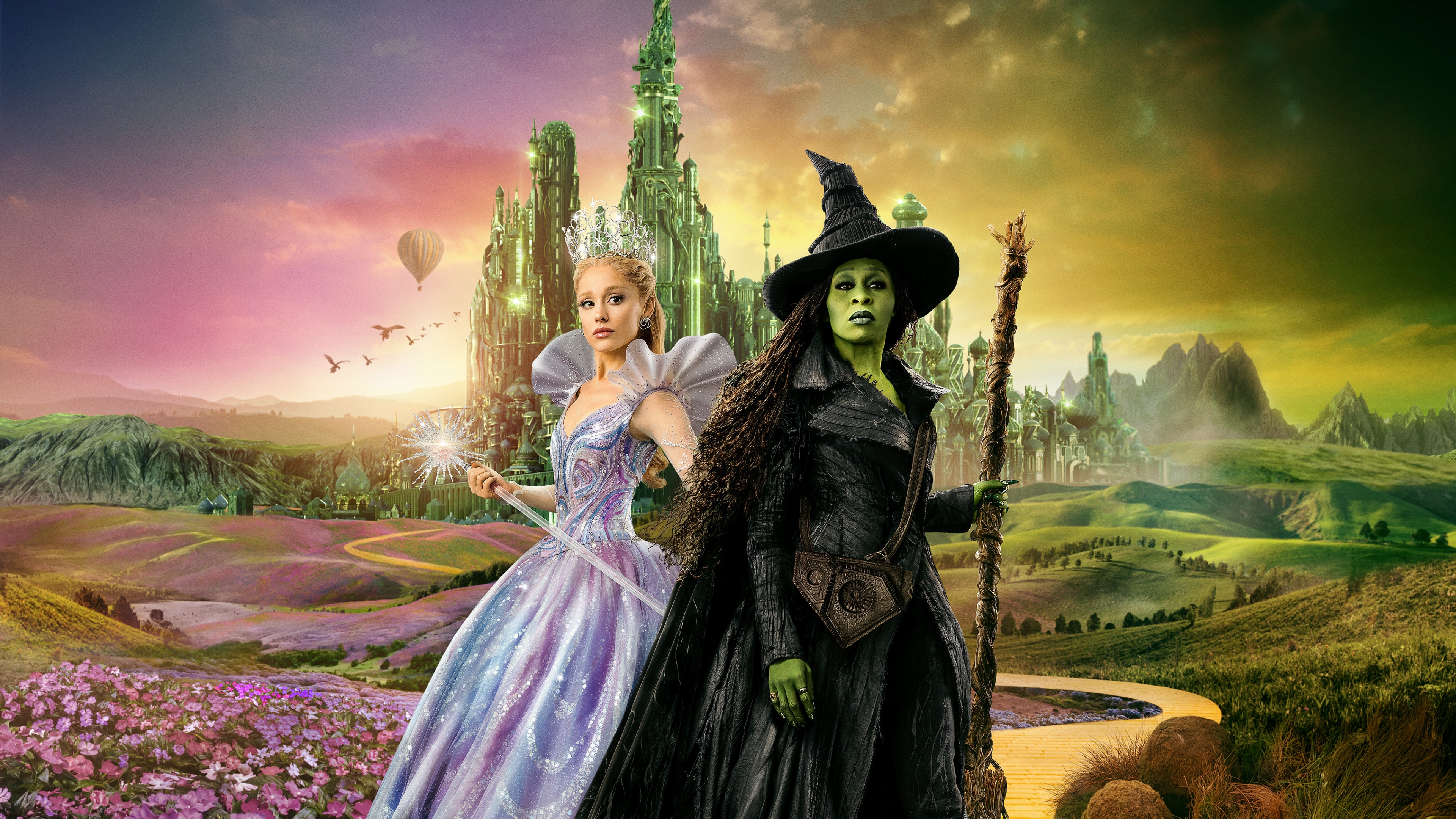 Cinematic poster for the movie Wicked featuring Elphaba Thropp and Glinda