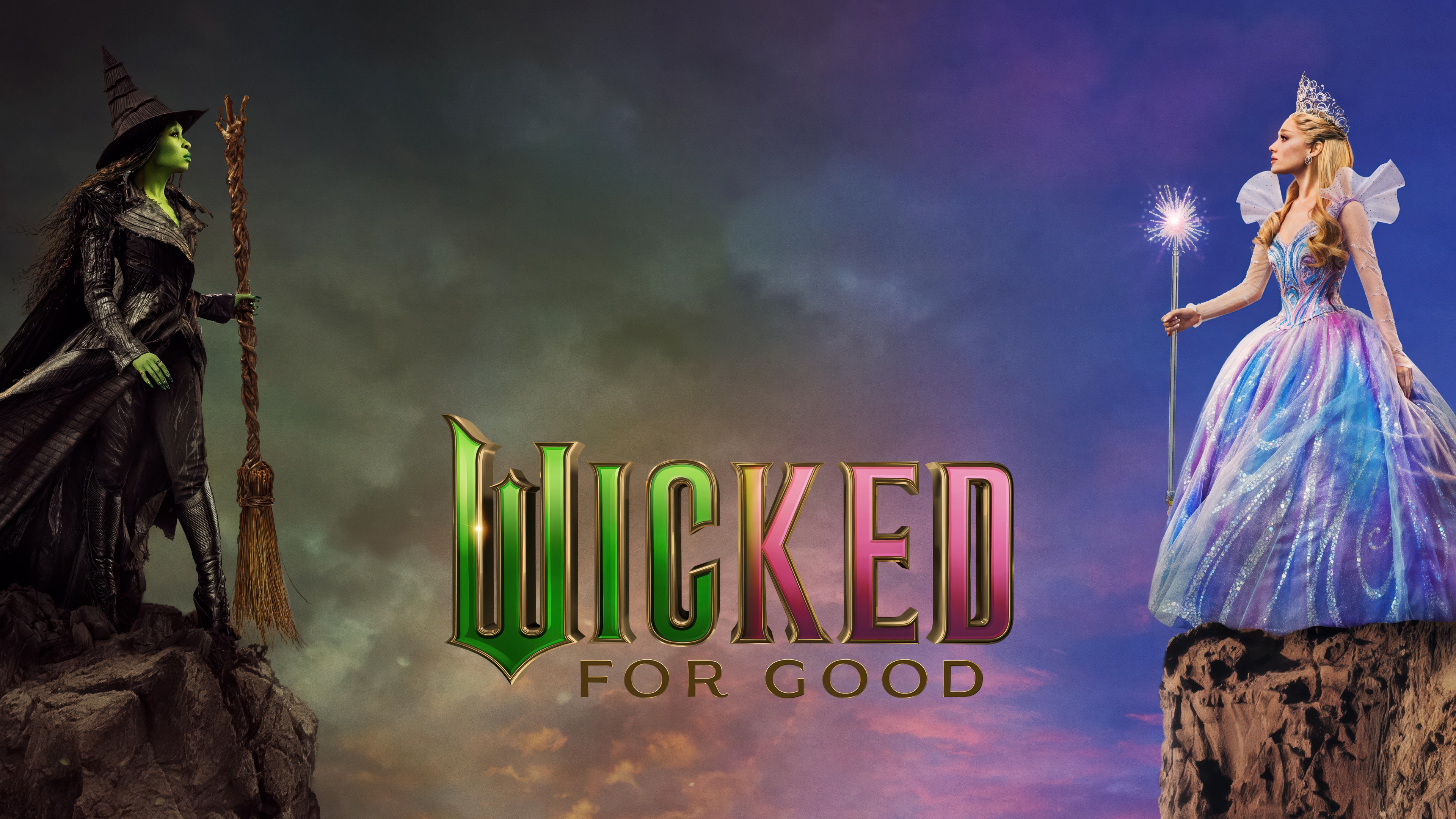 Cinematic movie poster for the film Wicked featuring Elphaba Thropp and Glinda.