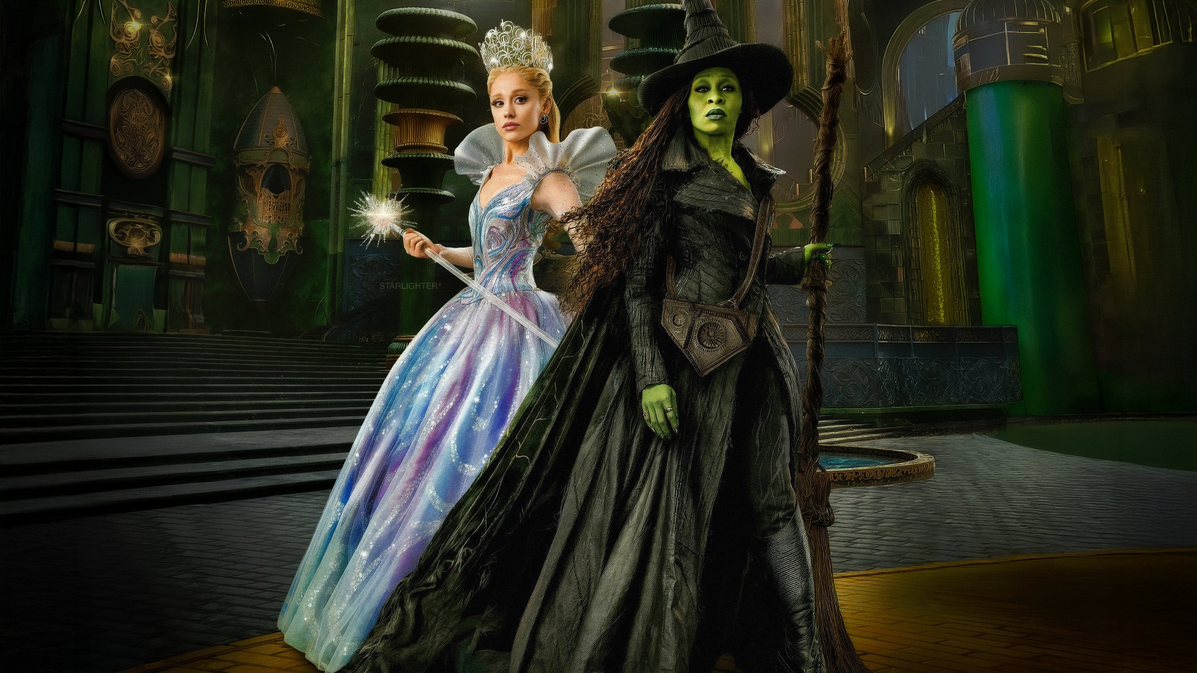 Glinda and Elphaba Thropp from the 2025 movie Wicked, featuring Ariana Grande and Cynthia Erivo in a dramatic poster design.