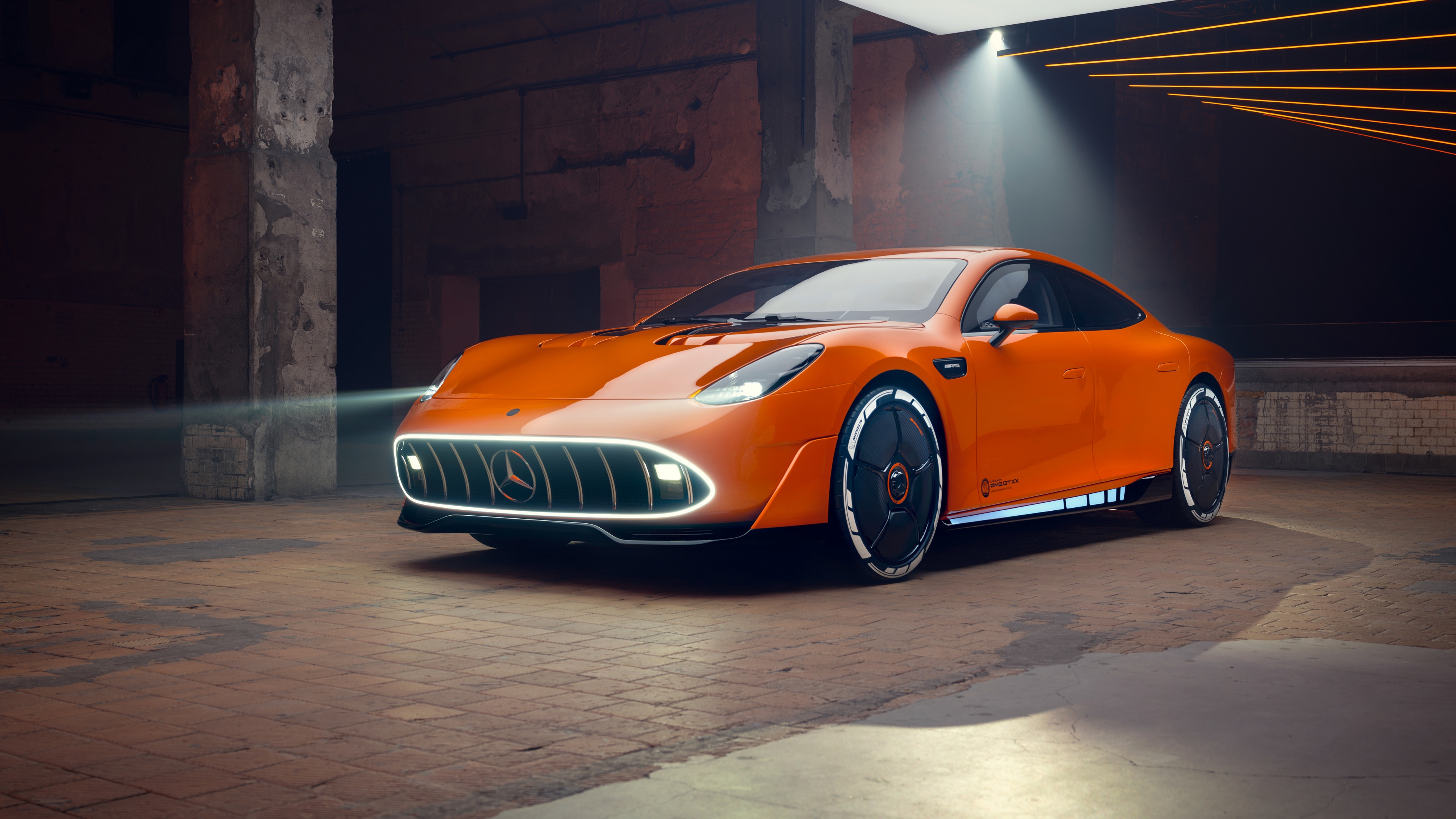 A sleek and aerodynamic 2025 Mercedes-AMG GT XX concept car featuring a futuristic supercar design and high-performance aesthetics.