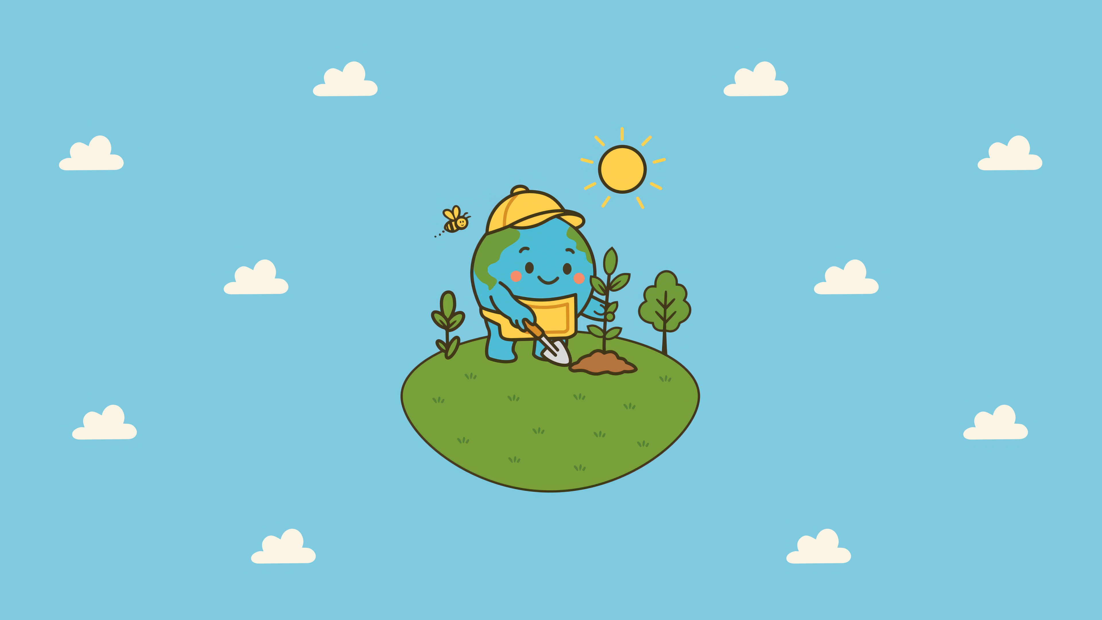A cute cartoon character of Planet Earth with a smiling face, set against a light blue background representing the summer month of June.