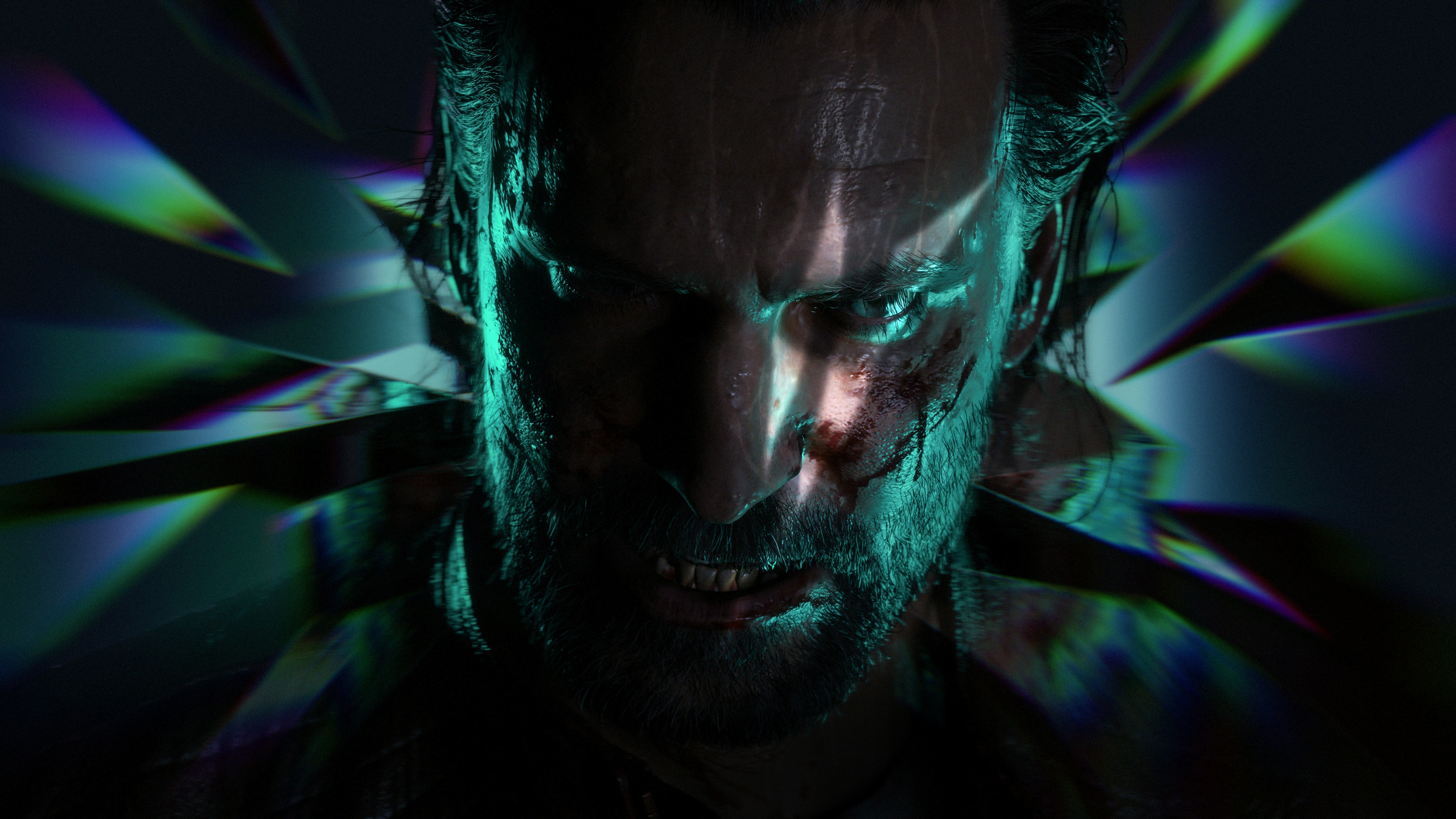 A cinematic and detailed portrait of Alan Wake from the video game Alan Wake 2, featuring dramatic lighting and a dark, mysterious atmosphere.