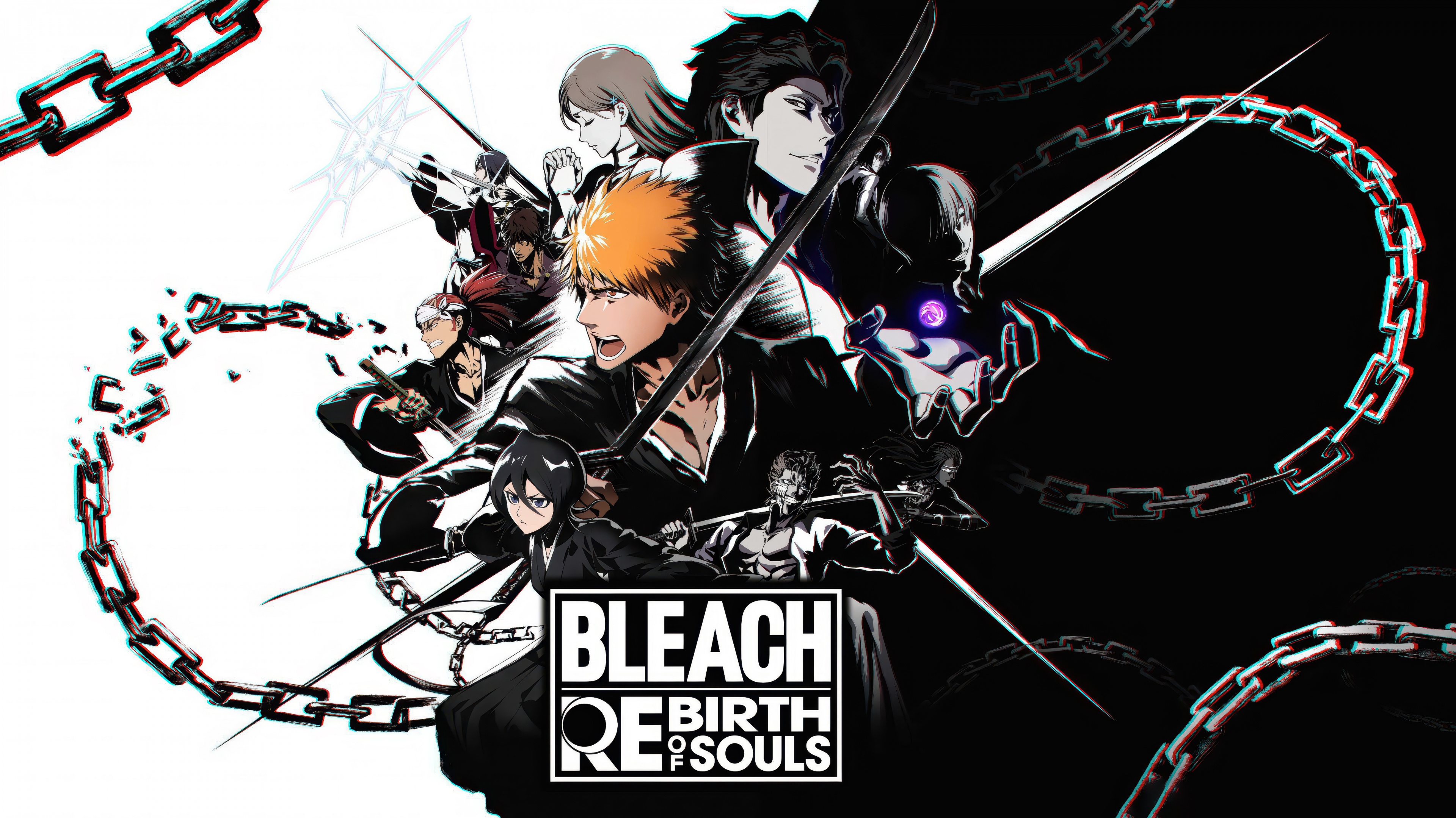 Black and white cinematic key art featuring Ichigo Kurosaki, Rukia Kuchiki, and Sosuke Aizen from Bleach Rebirth of Souls.