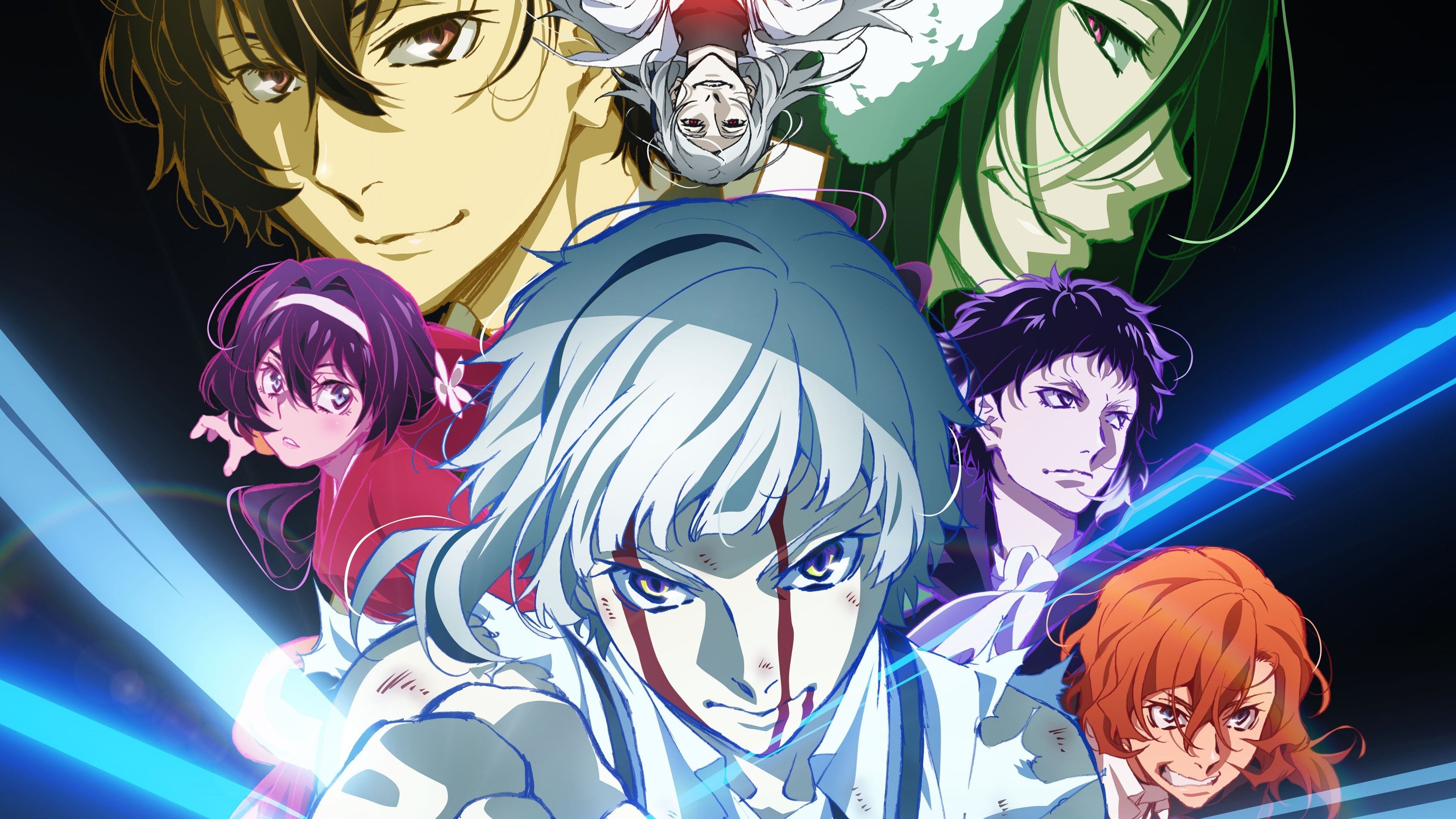A group portrait of Osamu Dazai, Atsushi Nakajima, Ranpo Edogawa, Doppo Kunikida, Akiko Yosano, Kenji Miyazawa, and Junichirou Tanizaki from Bungo Stray Dogs.