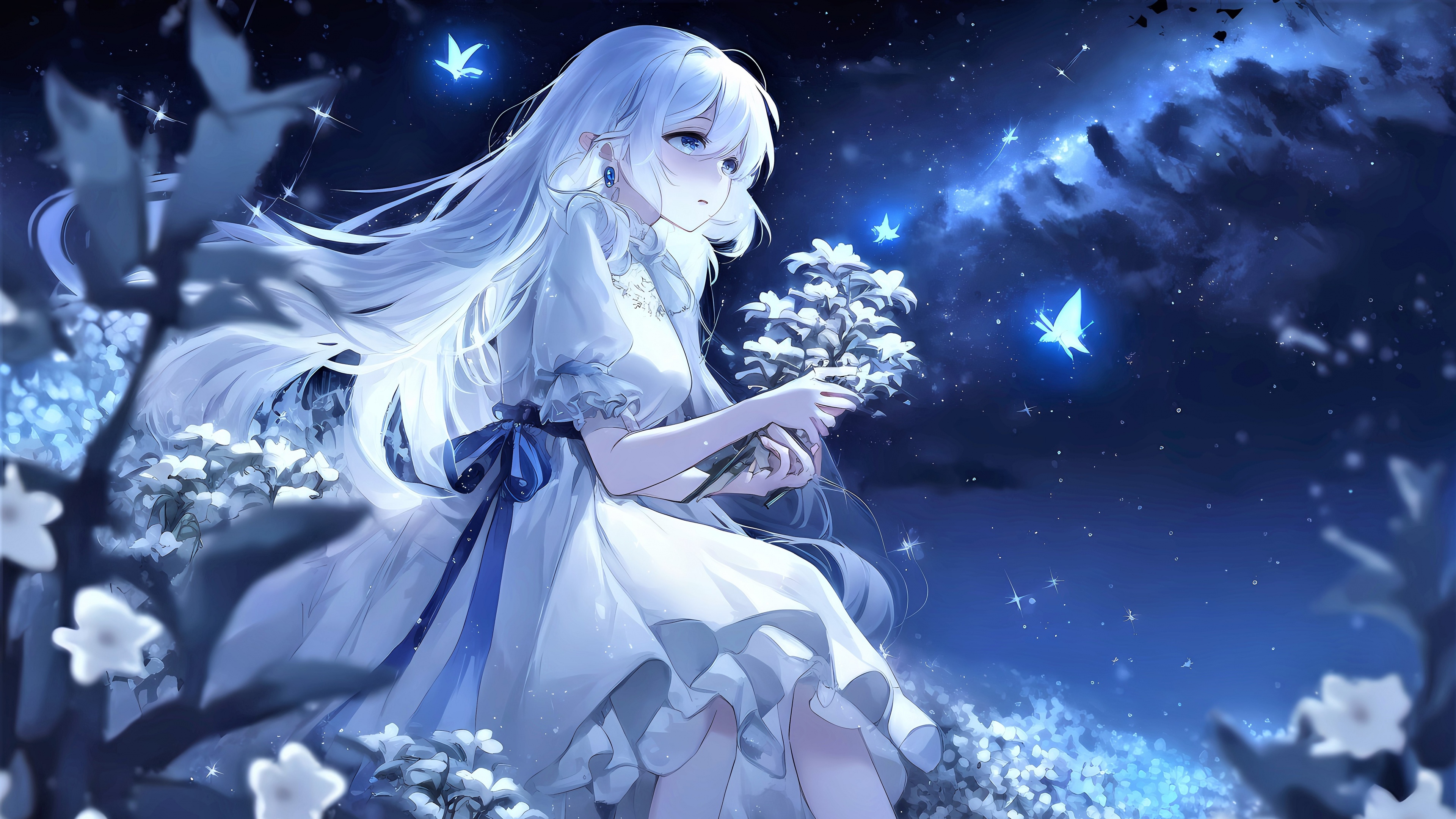 An anime girl looking up at the glowing Milky Way galaxy in a deep blue starry night sky.
