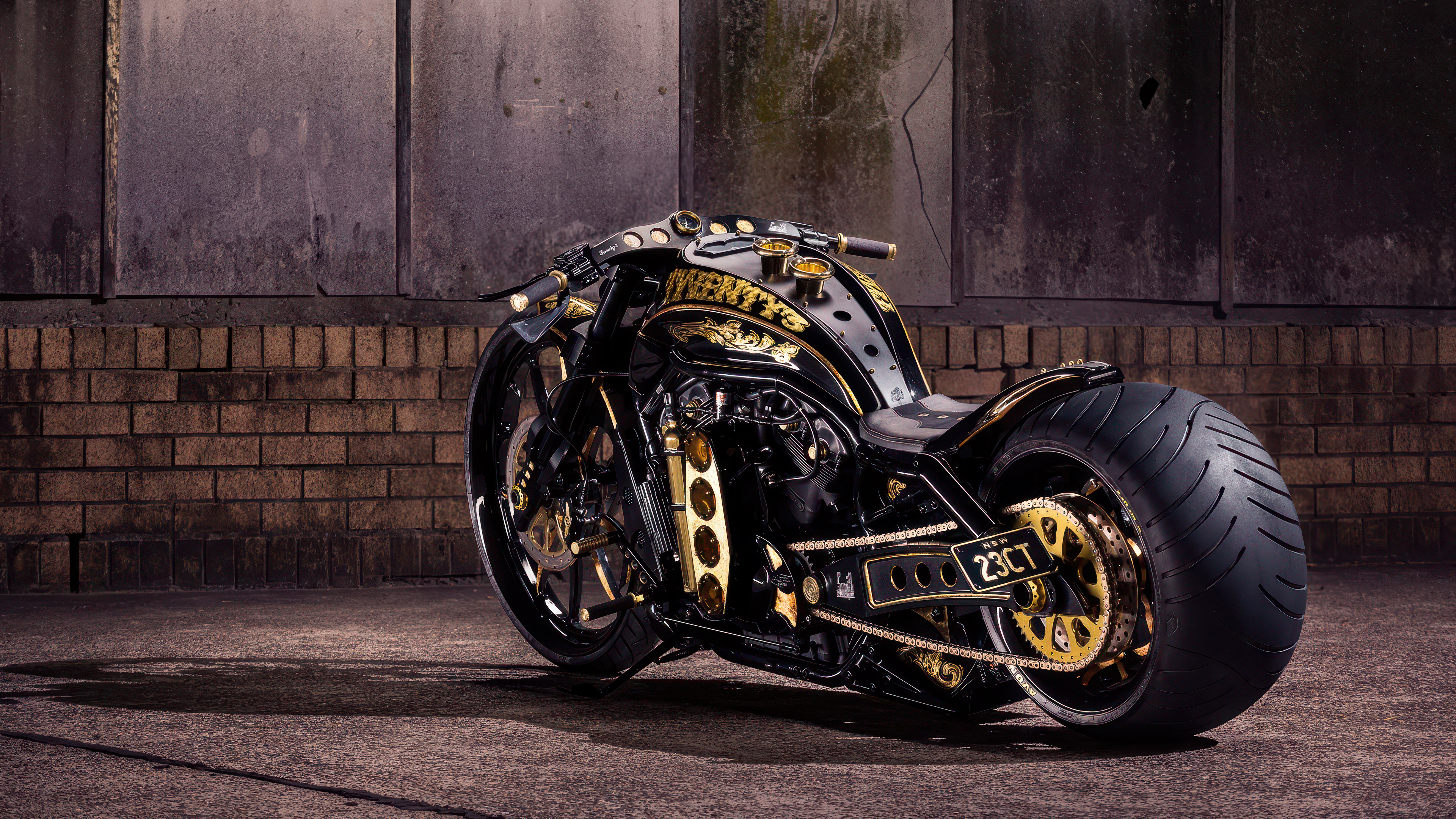 A detailed shot of a chrome-accented Harley-Davidson cruiser motorcycle.