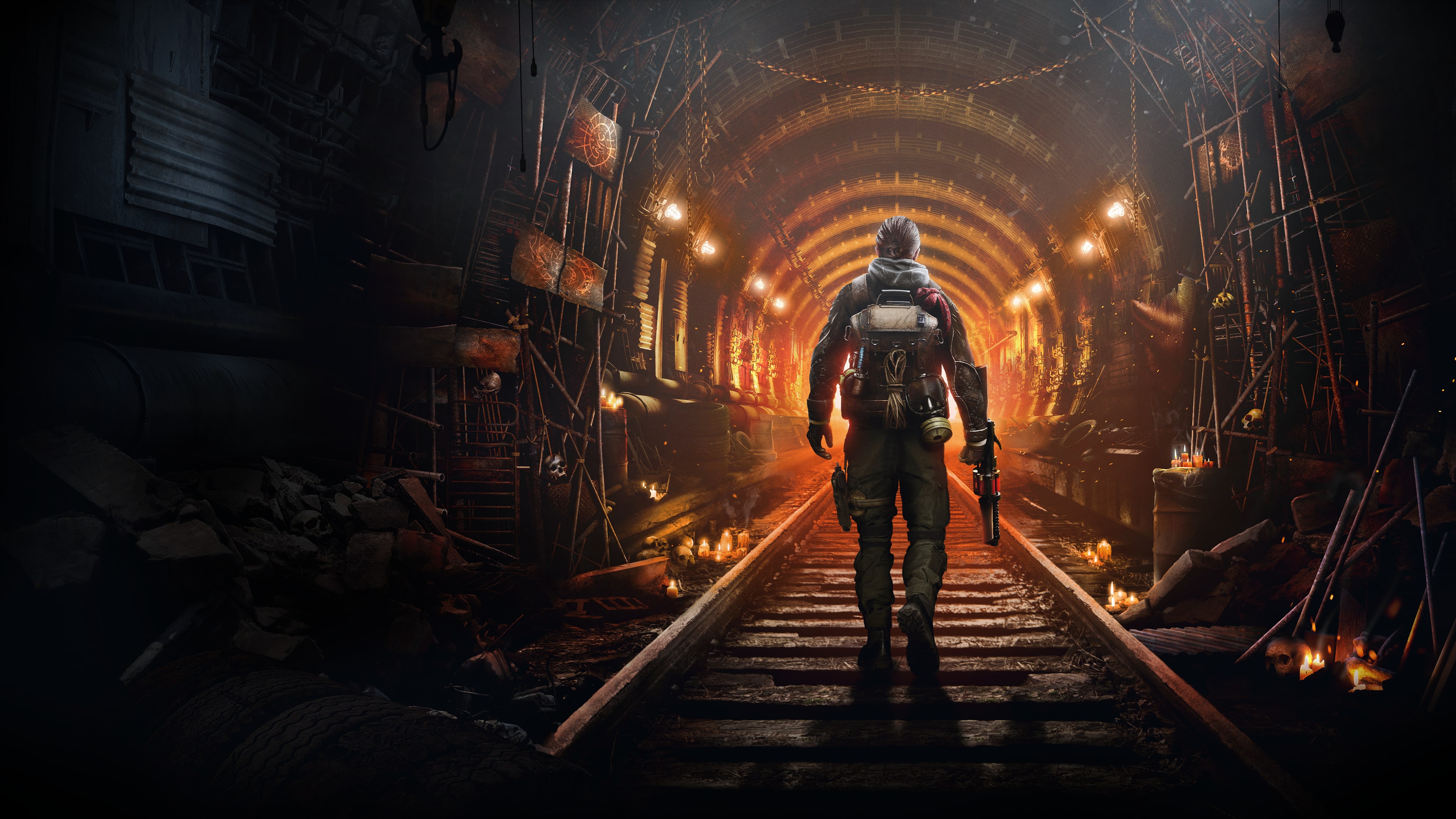 A high-tech warrior in glowing blue neon armor standing in a dark, rainy cyberpunk cityscape.