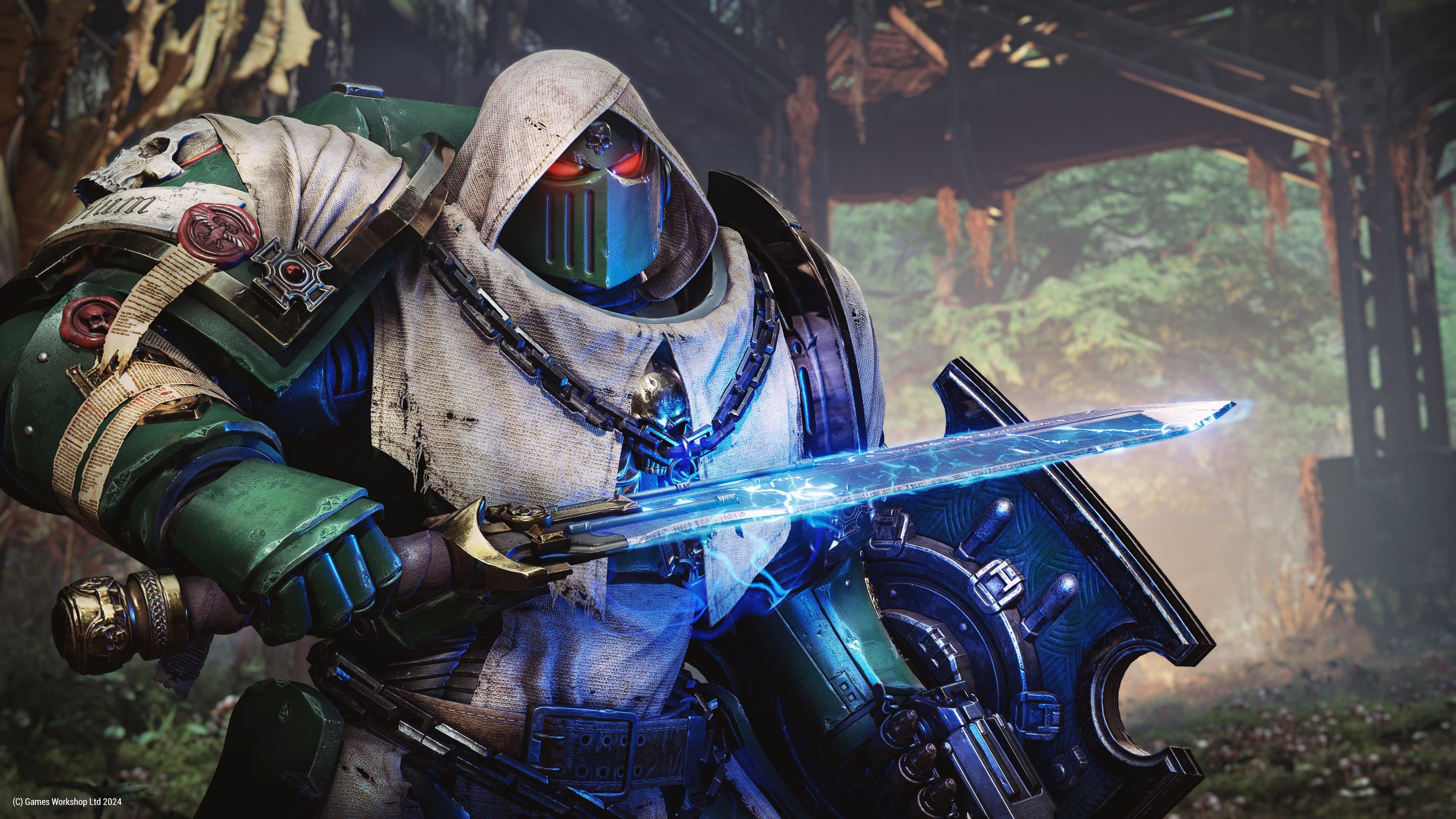 A heavily armored Dark Angel Bulwark Space Marine from Warhammer 40,000: Space Marine 2 standing ready for battle.