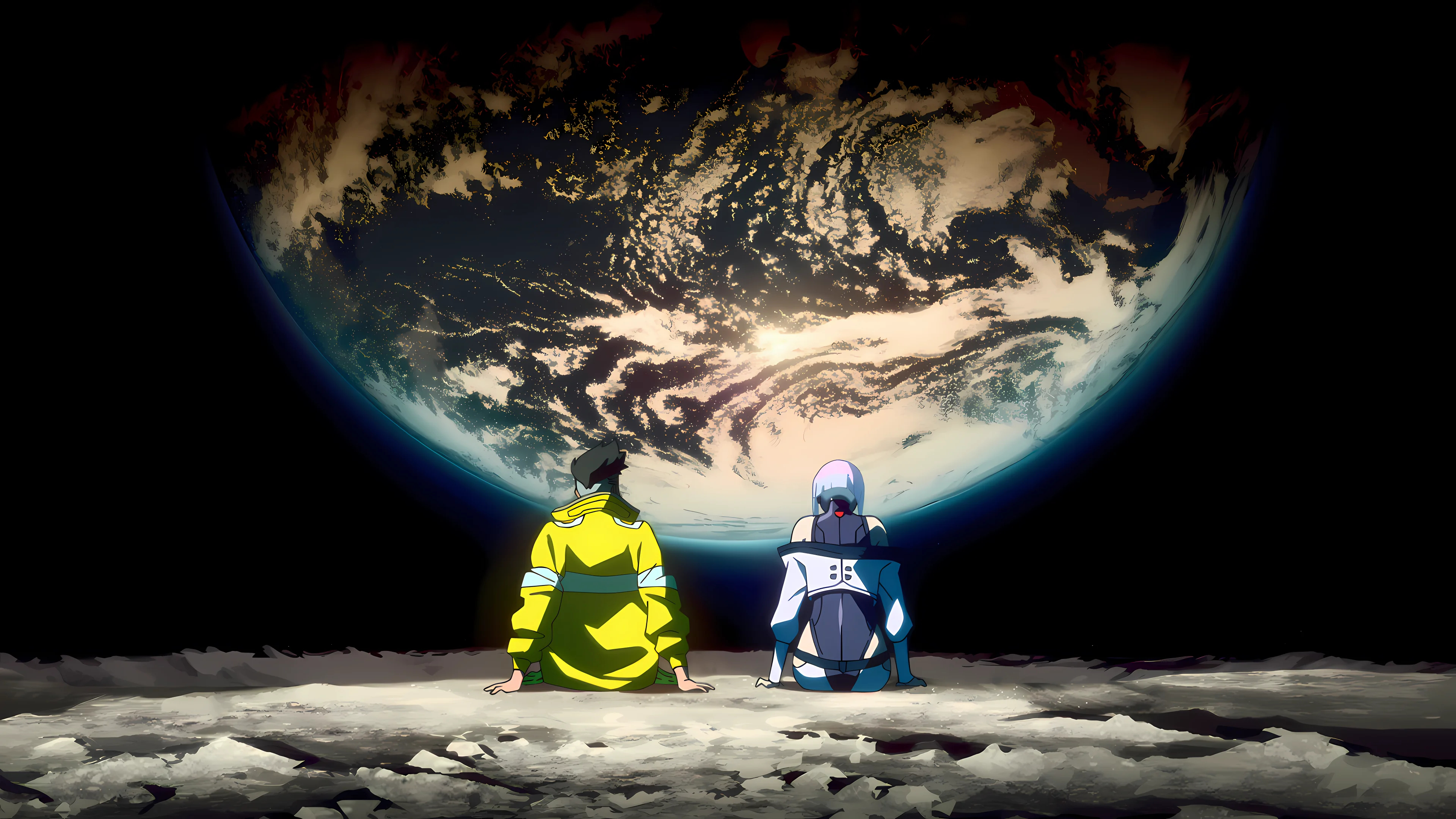 David Martinez and Lucy from the anime Cyberpunk: Edgerunners in a high-tech setting.