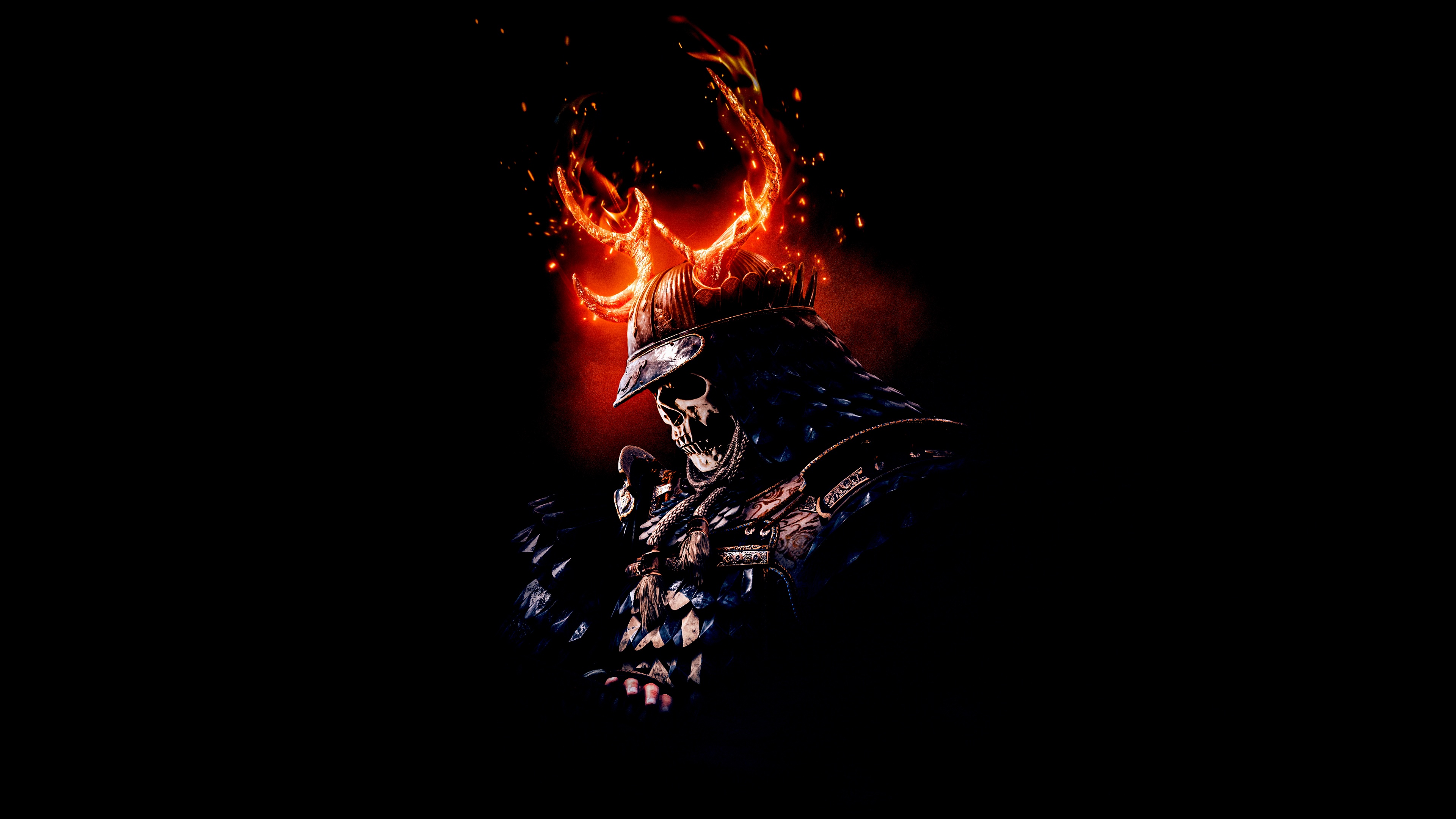 A cinematic and dark portrait of a demonic samurai warrior inspired by Ghost of Tsushima, set against a high-contrast black background.