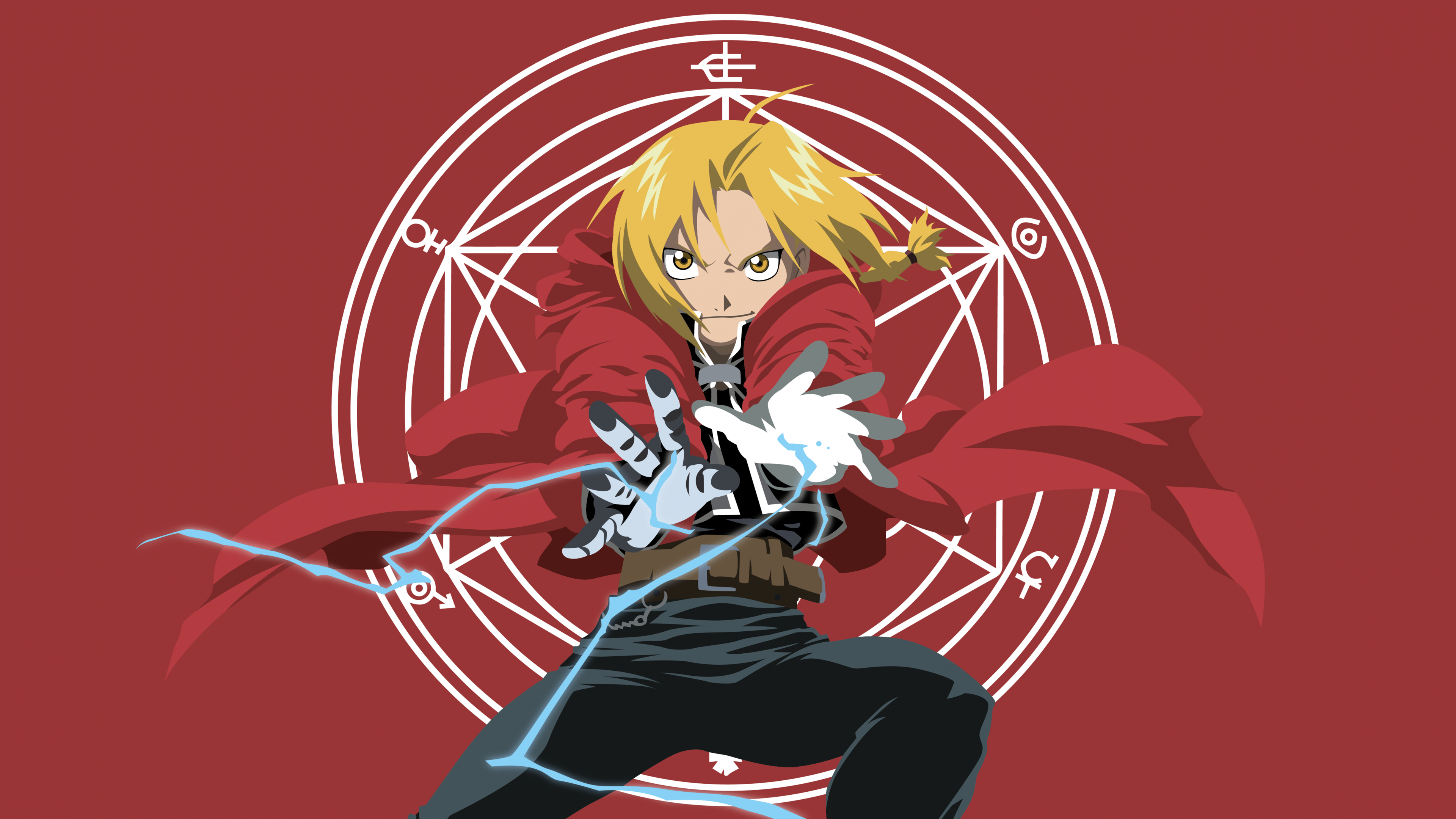 Edward Elric from Fullmetal Alchemist surrounded by lightning bolts against a red background.