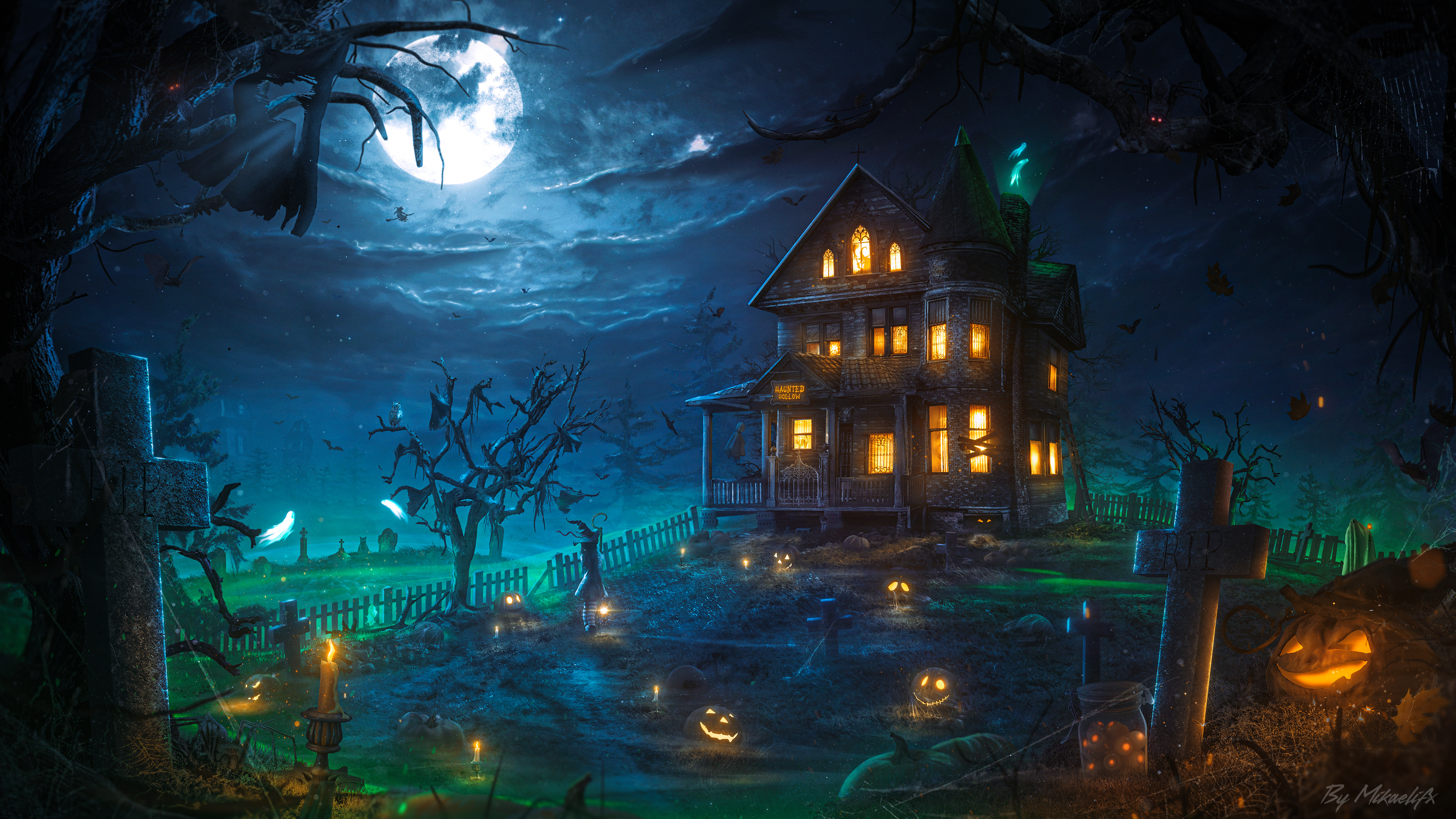 A spooky, illuminated haunted mansion surrounded by glowing Jack-o'-lanterns in a dark, atmospheric setting.