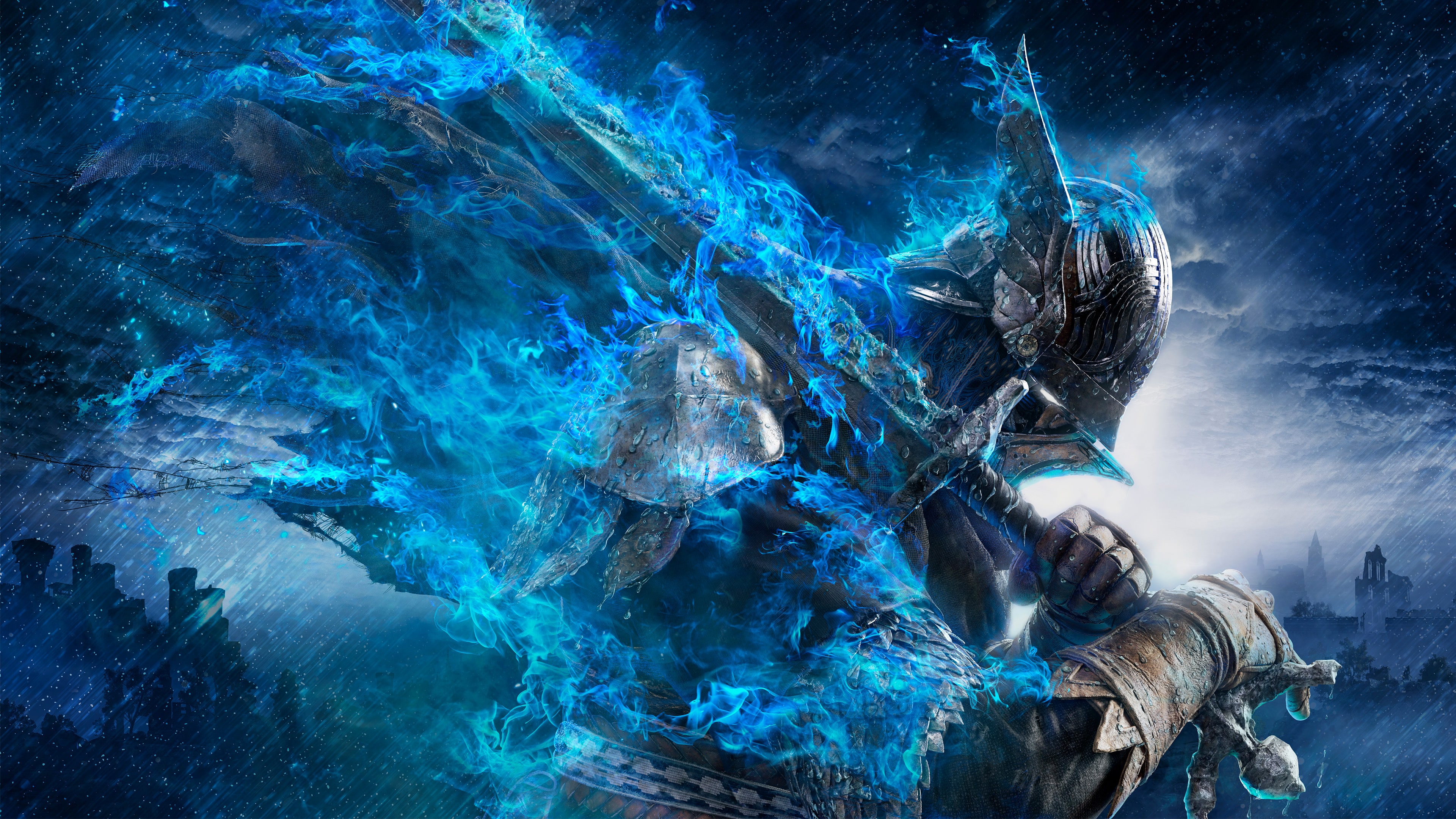 A dark-armored knight standing in a desolate, moonlit fantasy landscape inspired by Elden Ring Nightreign.