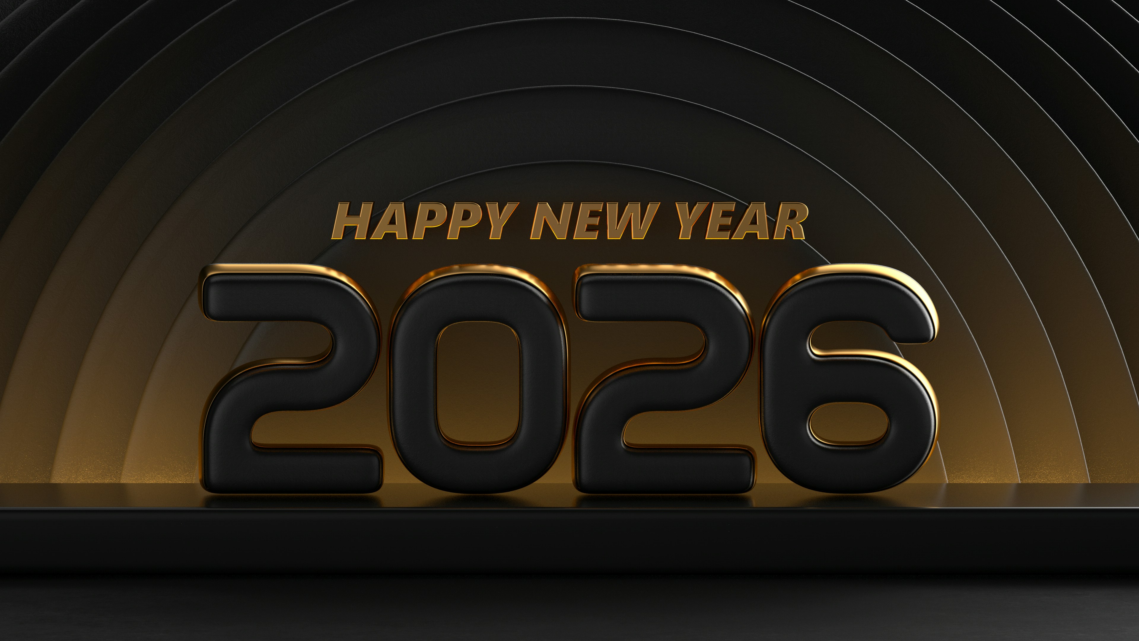 3D golden and black text reading Happy New Year 2026