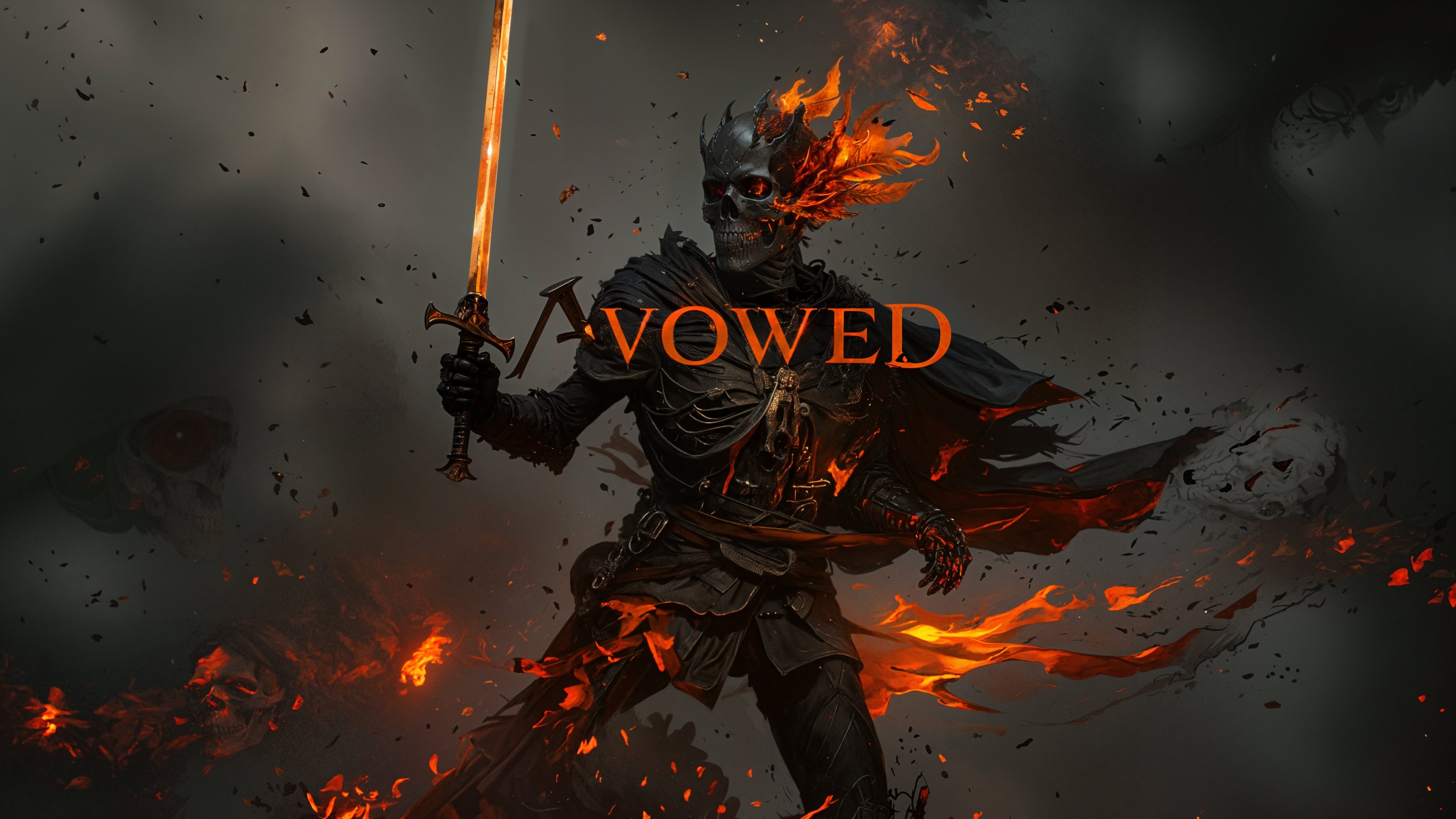 A character from Avowed wielding powerful fire magic against a dark, atmospheric background.