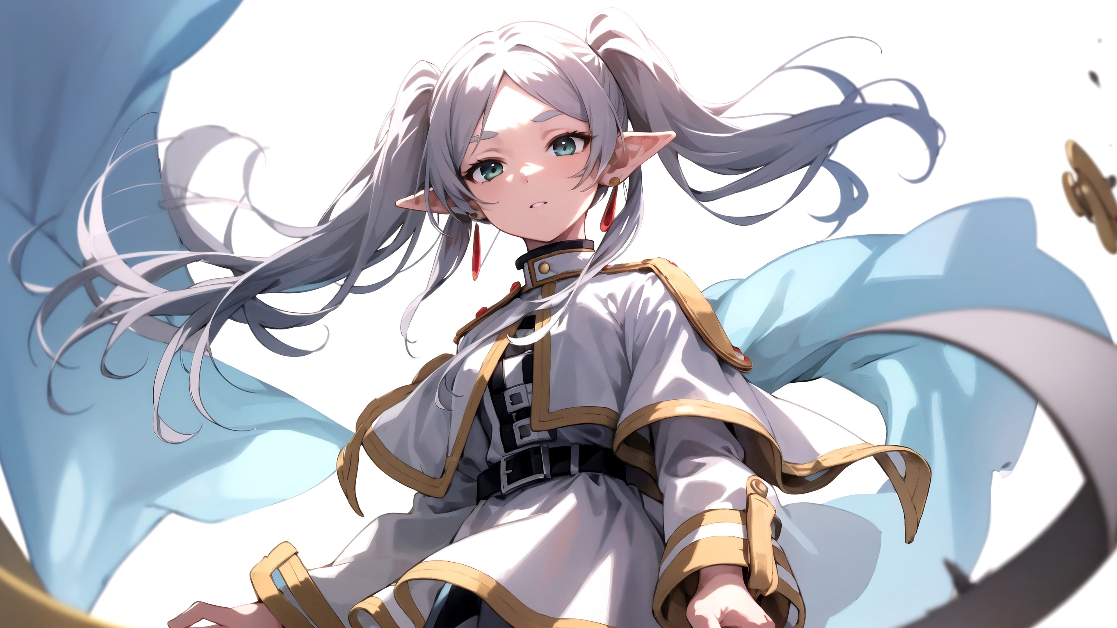 Frieren, the elven mage from Frieren: Beyond Journey's End, with long white hair and a peaceful expression.