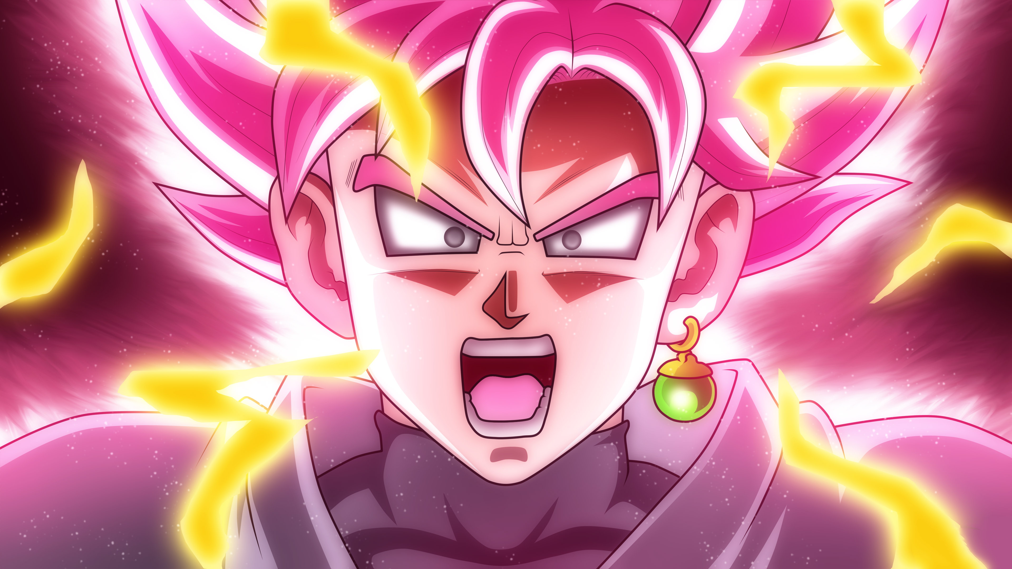 Goku in his Super Saiyan Rosé form with pink hair and an intense energy aura from Dragon Ball Super.