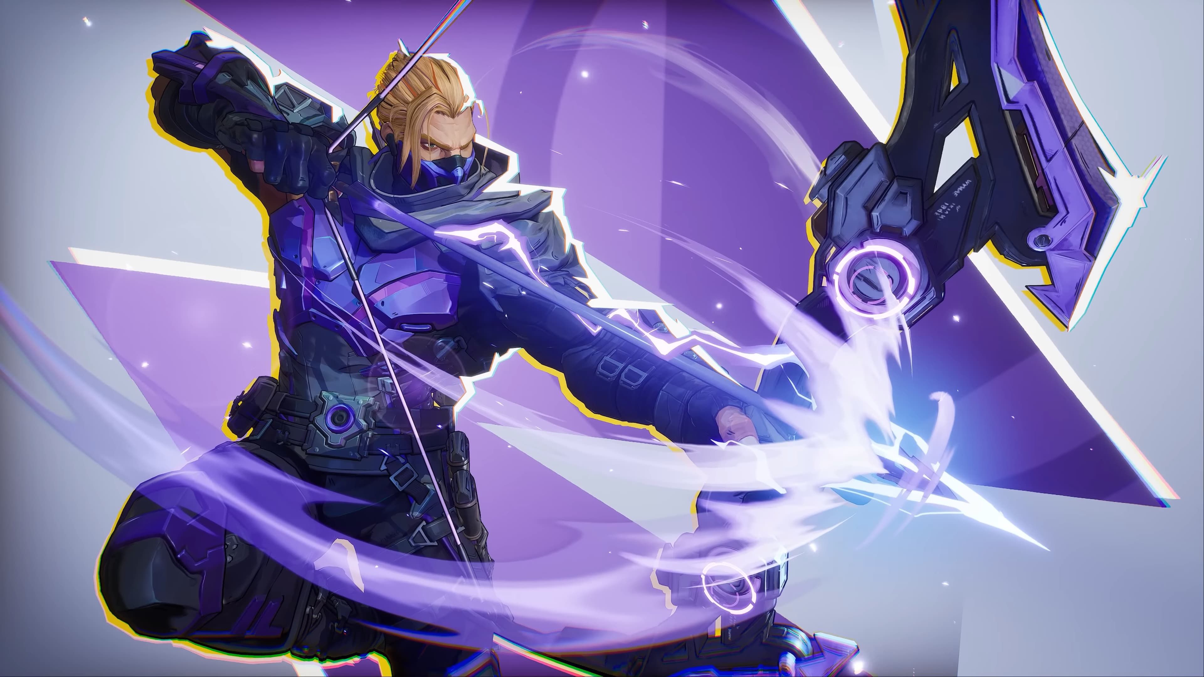 Hawkeye from Marvel Rivals with a purple aesthetic and heroic pose.