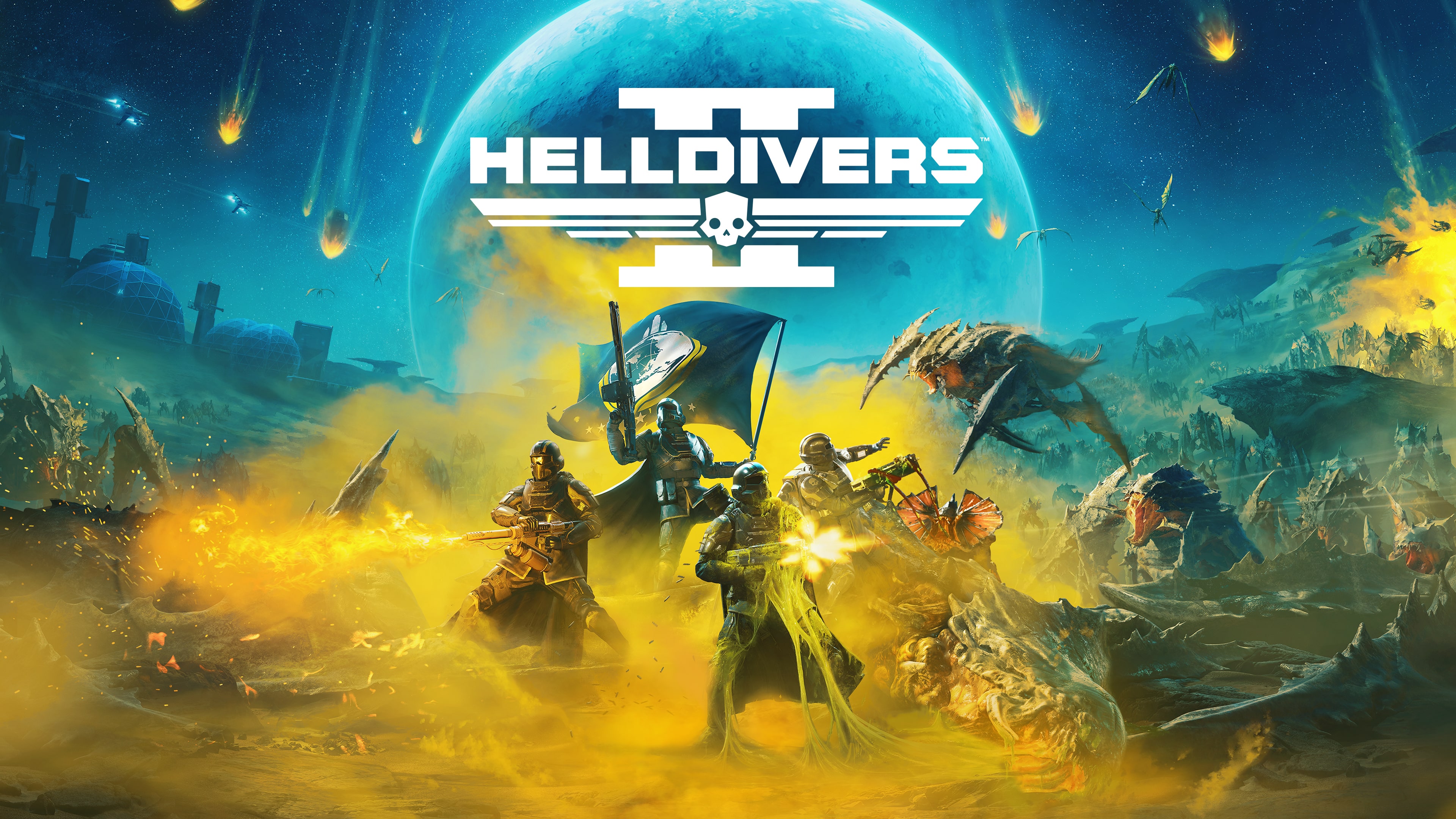 A Helldiver from Helldivers 2 in full combat gear standing on a battlefield.