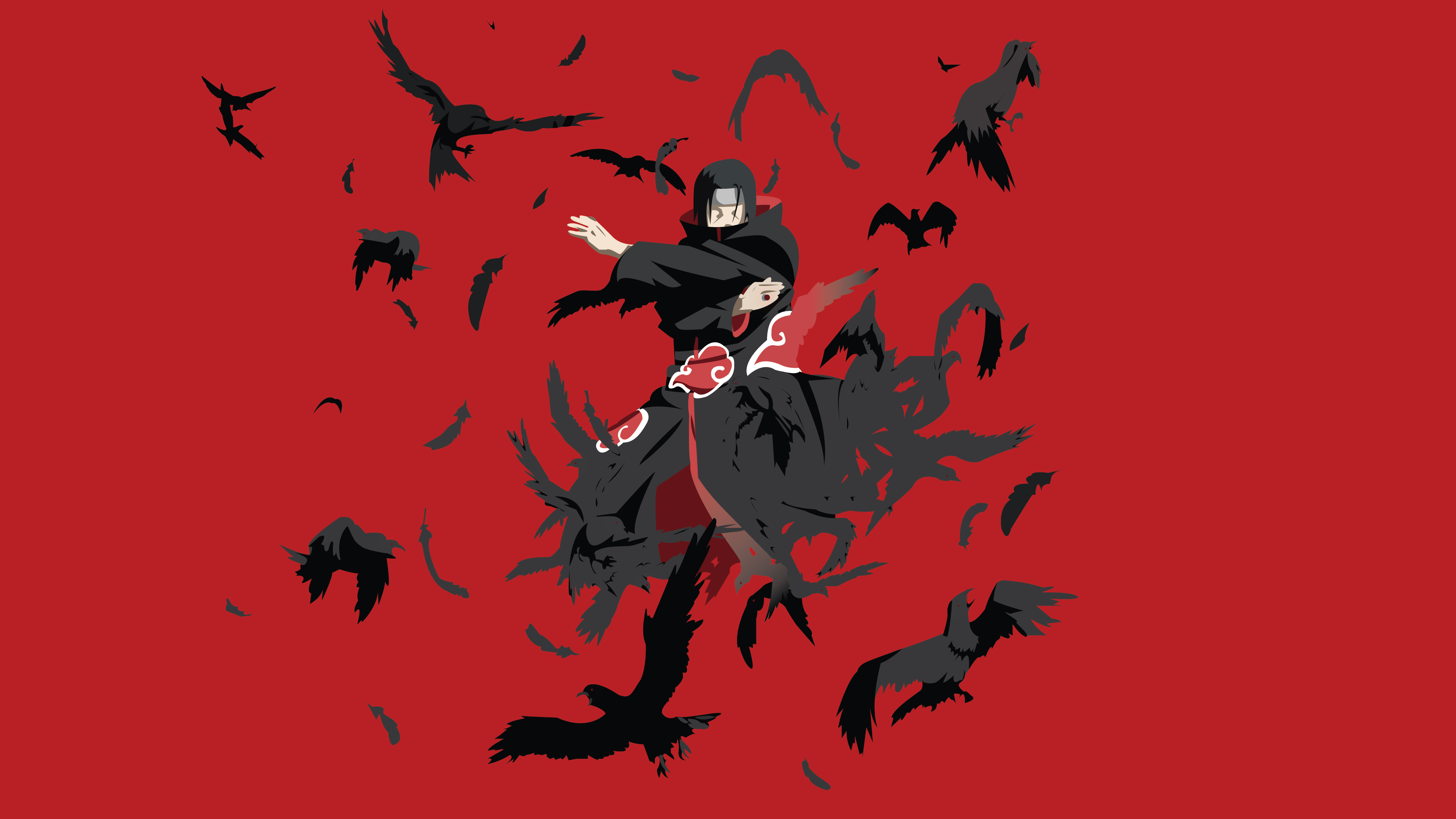 A minimalist illustration of Itachi Uchiha from Naruto set against a vibrant red background.