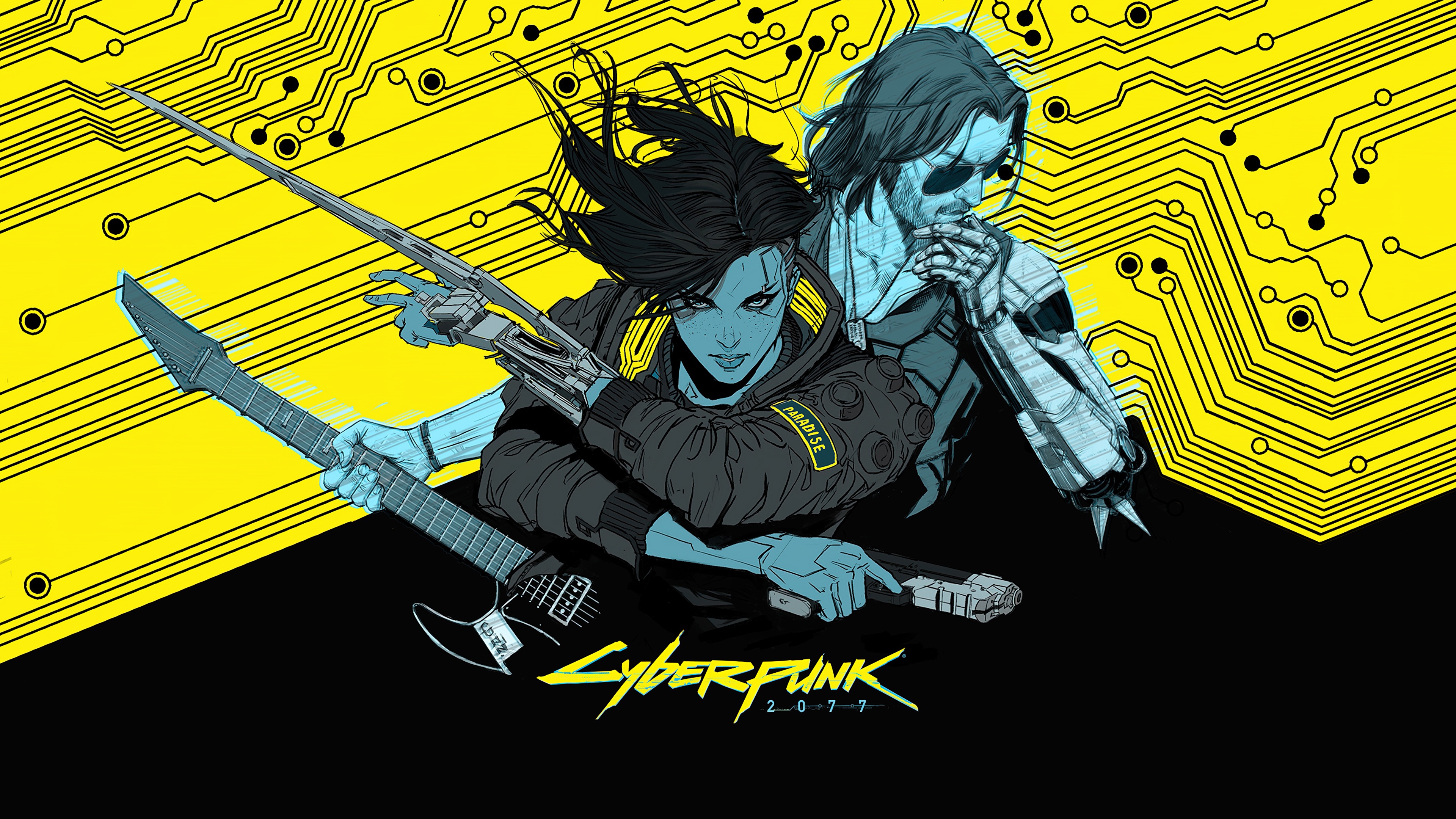 Johnny Silverhand and V from Cyberpunk 2077 in a futuristic cyberpunk setting