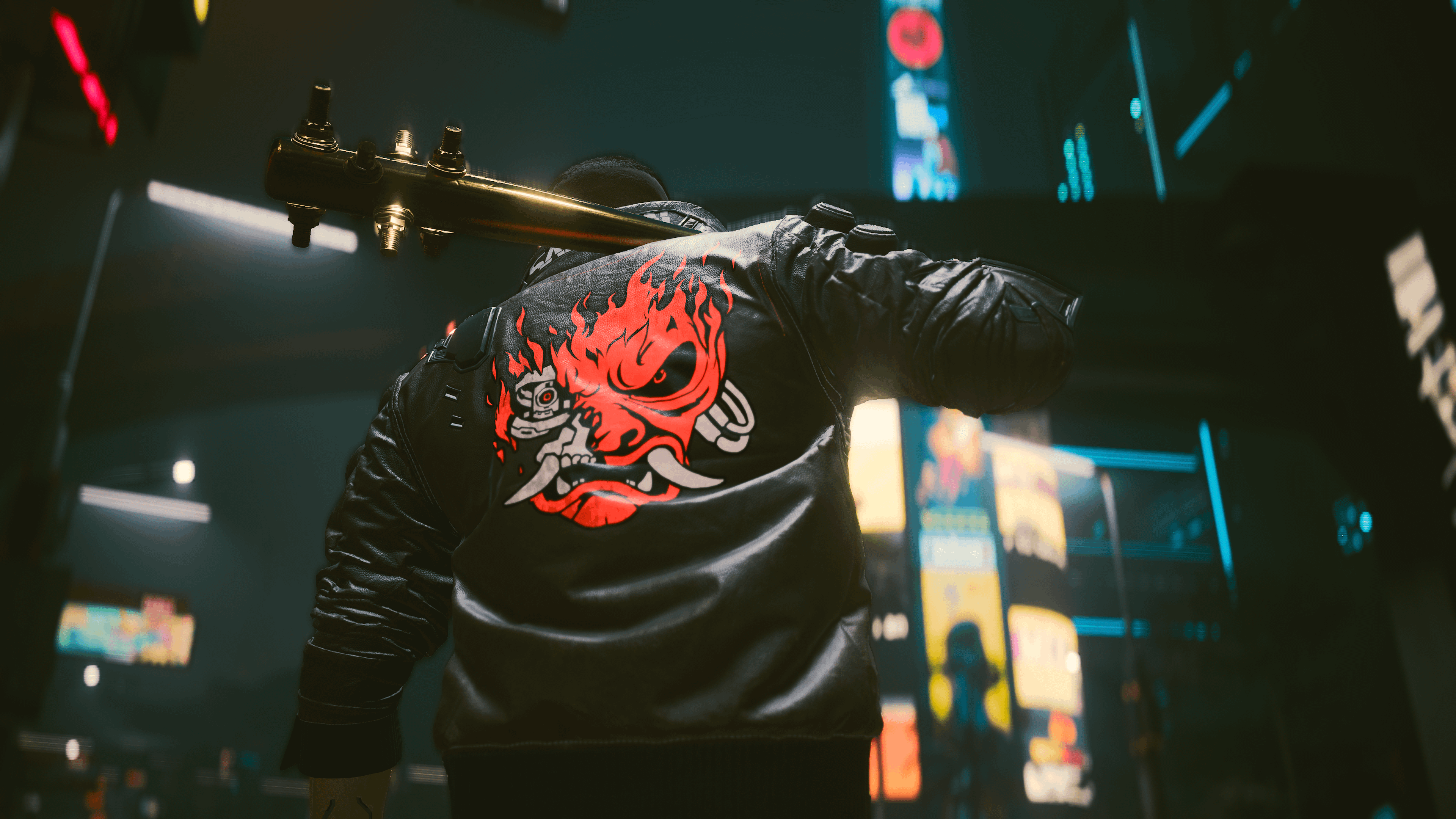 Johnny Silverhand wearing a black Samurai bomber jacket from Cyberpunk 2077 in a neon-lit futuristic cityscape.
