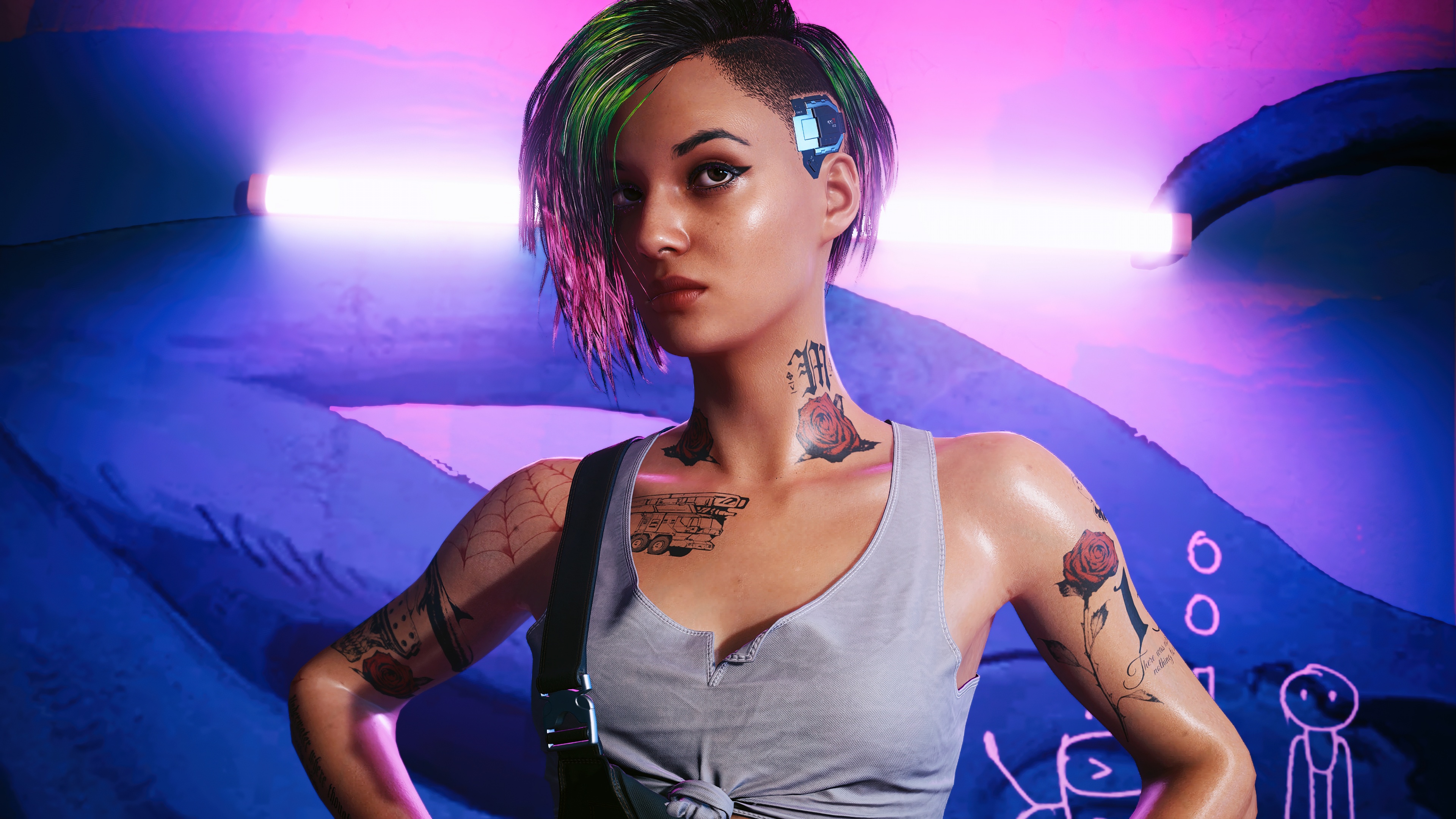 Judy Alvarez from Cyberpunk 2077 in a neon-lit environment.