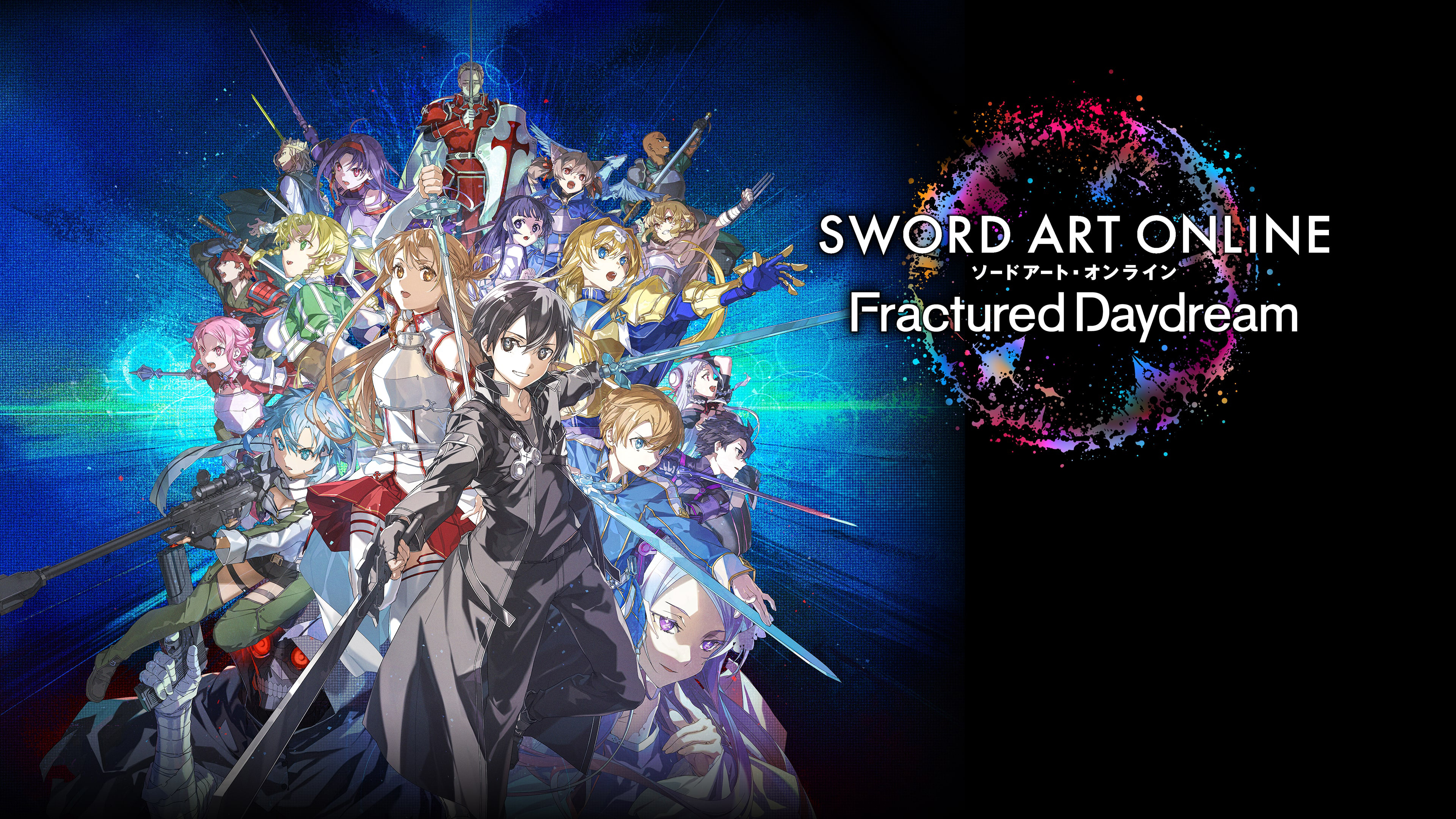 Cinematic game art of Kirito from Sword Art Online wielding a sword in a digital fantasy landscape.