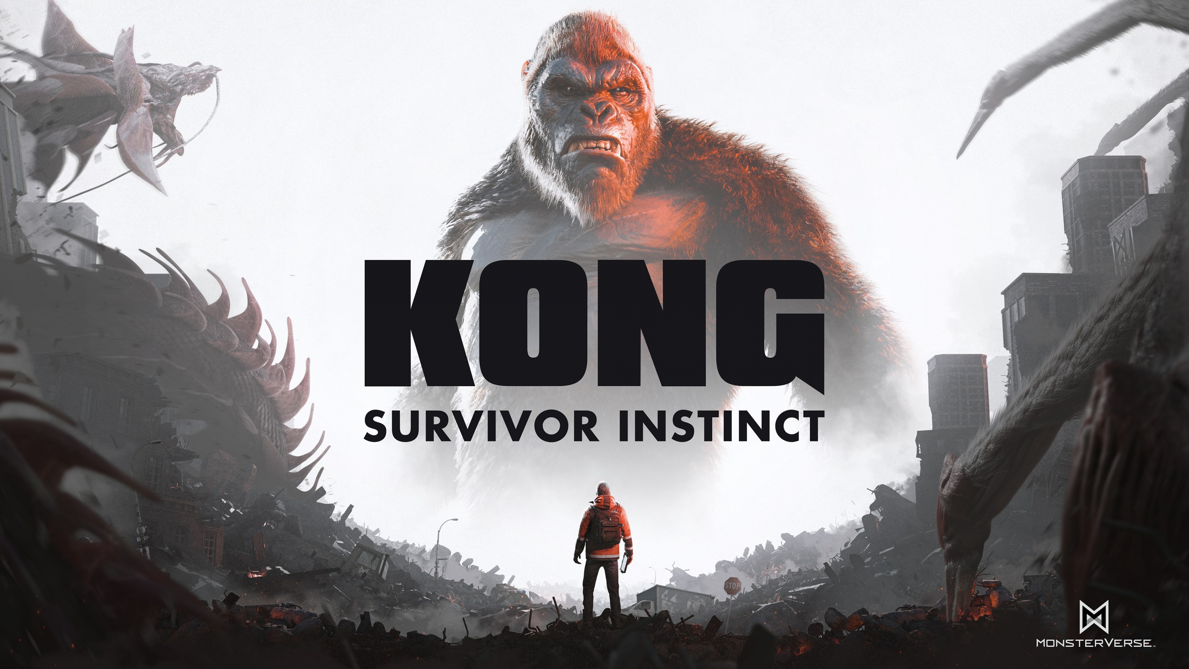 Cinematic game art of King Kong from the MonsterVerse, highlighting his powerful features and intense survival instinct in a lush jungle setting.