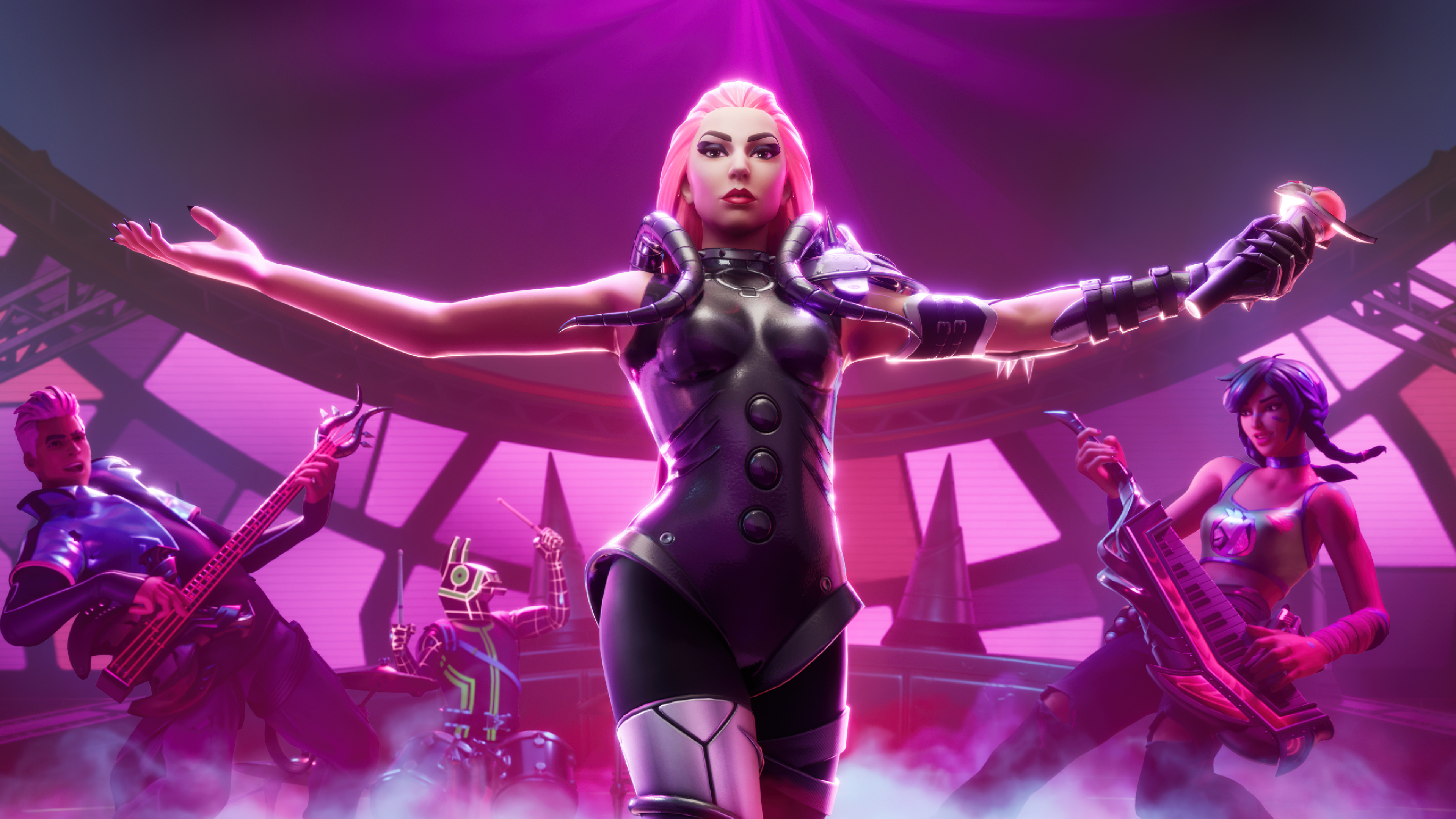 Lady Gaga rendered in a pink-themed Fortnite Festival aesthetic.