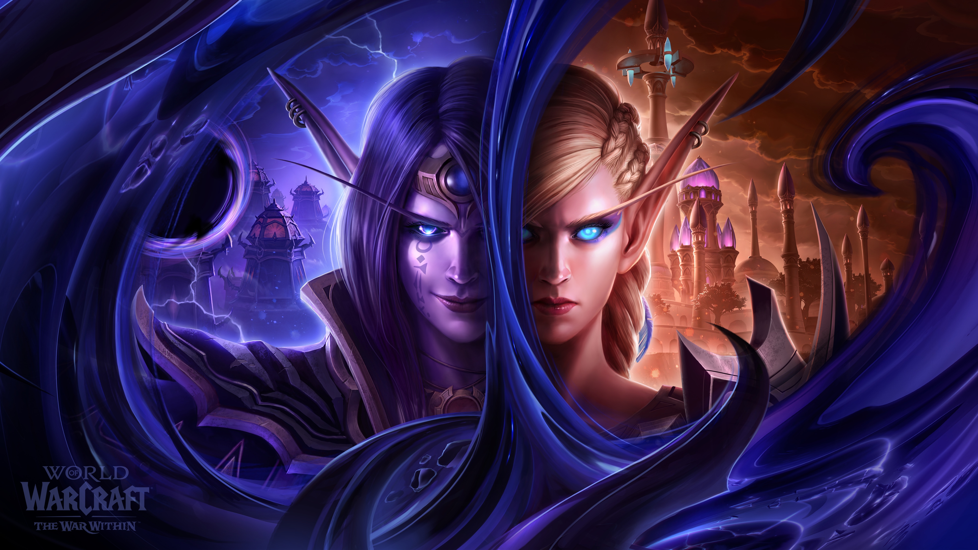 A cinematic game art depiction of a powerful hero from World of Warcraft: The War Within wearing intricate battle armor.