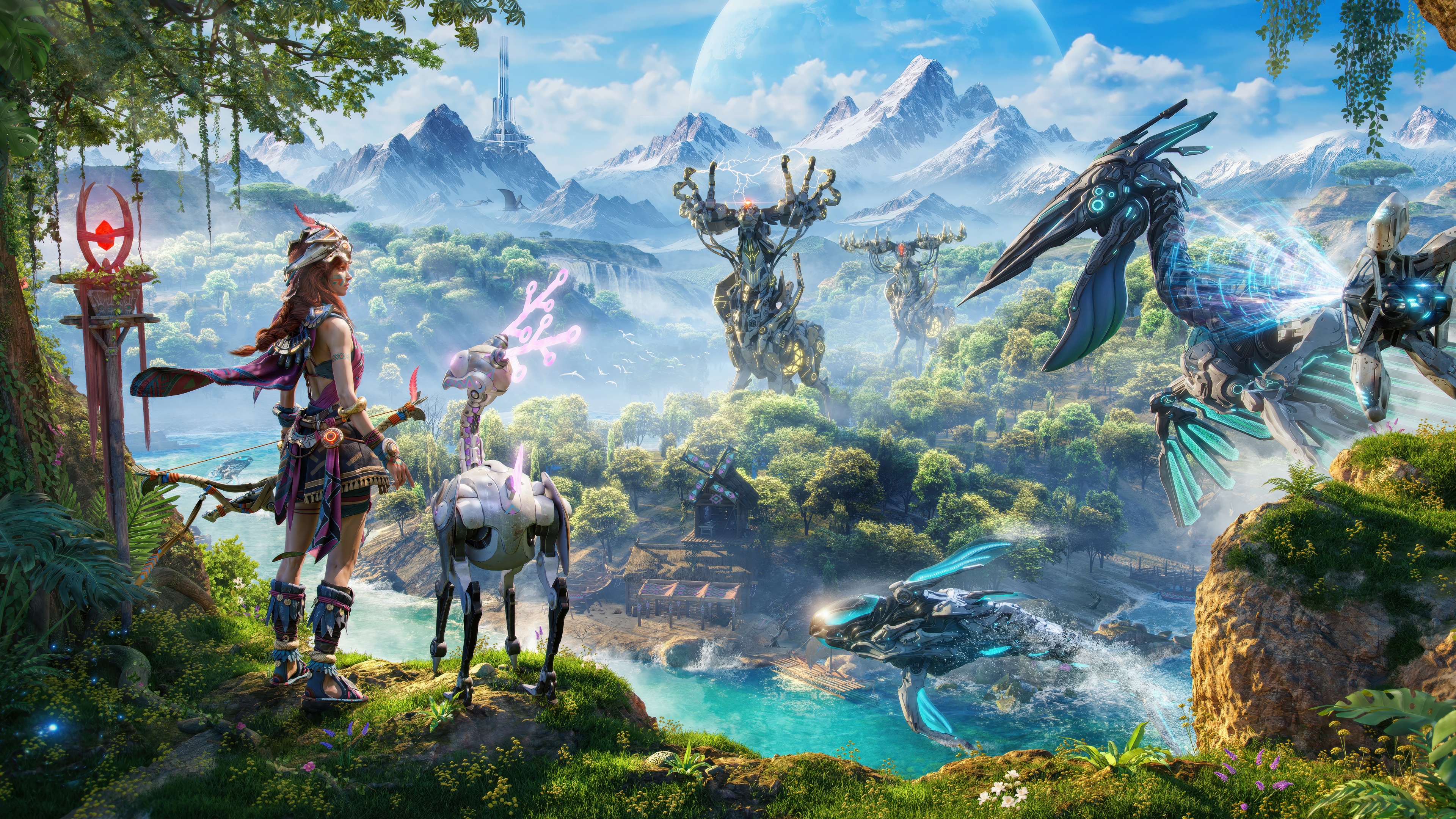 Ultra-wide cinematic landscape featuring a heroic figure in the glowing, epic world of Light of Motiram.