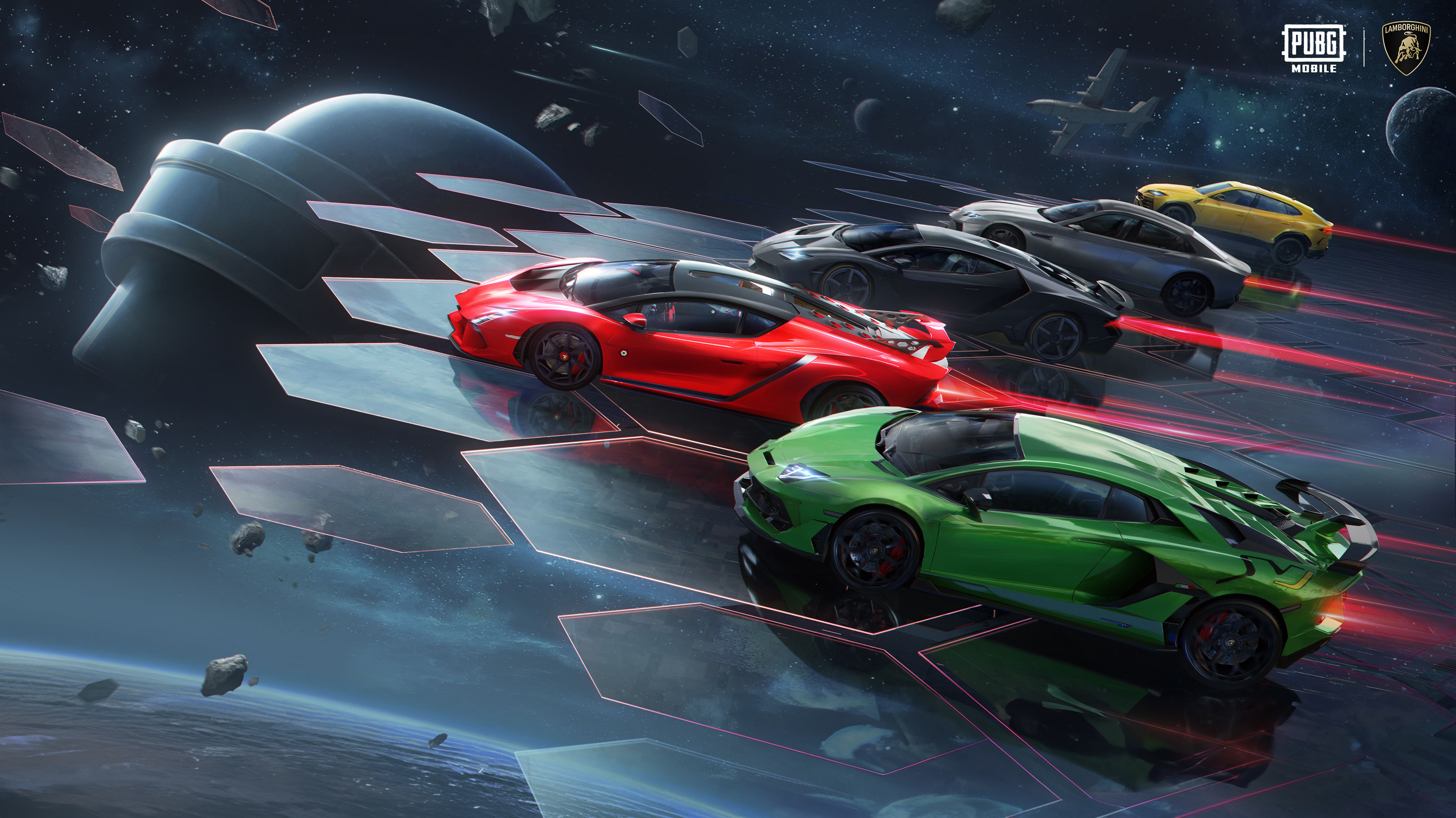 A collection of various Lamborghini models, including the Aventador, Urus, and Centenario Roadster, styled for the PUBG MOBILE environment.