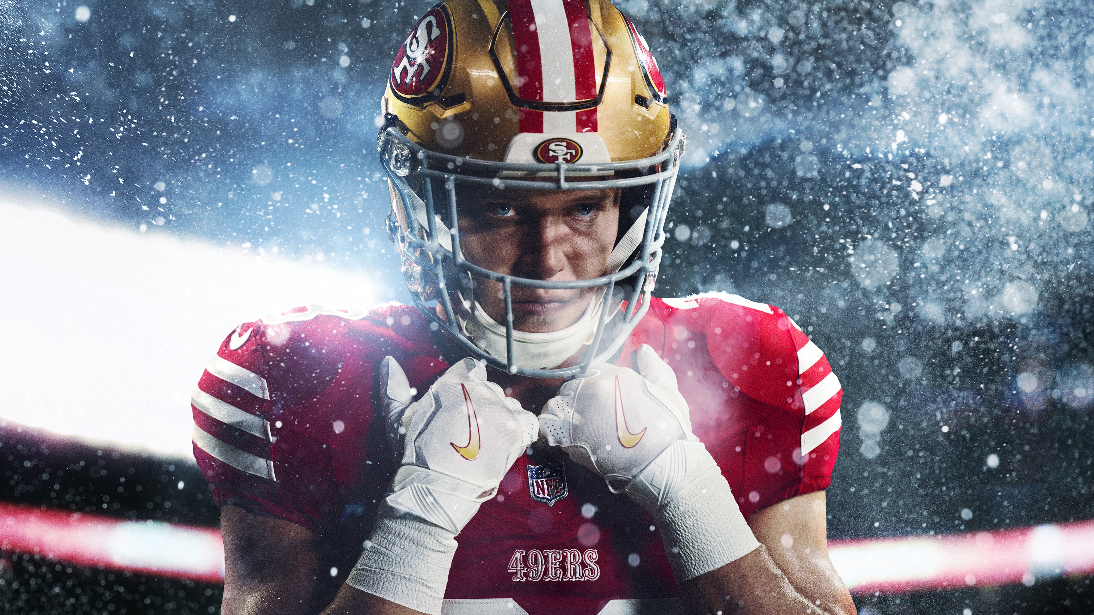 Christian McCaffrey of the San Francisco 49ers featured in the style of Madden NFL 25 cover art.
