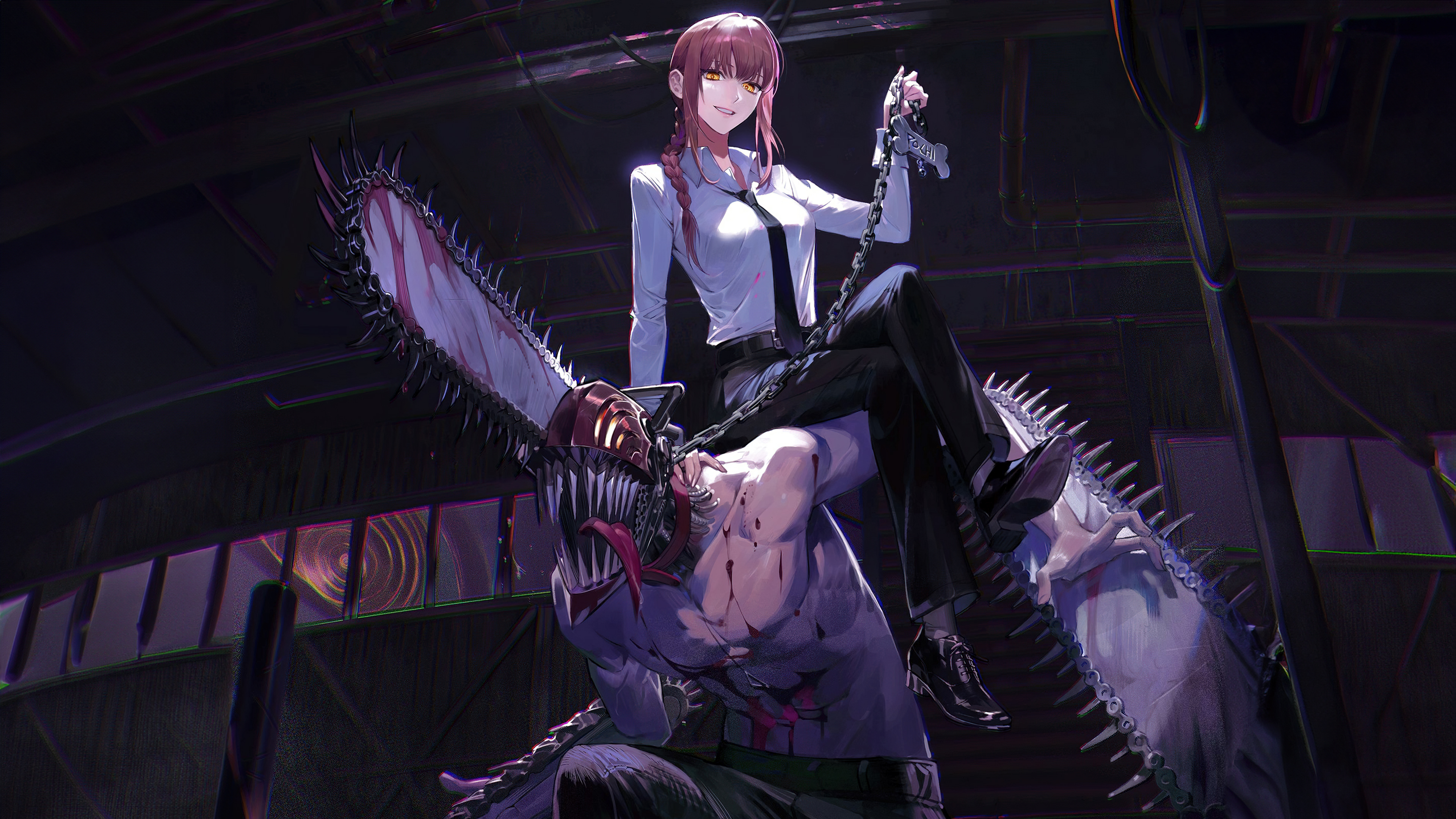 A dramatic scene featuring the characters Makima and Denji from the anime Chainsaw Man.